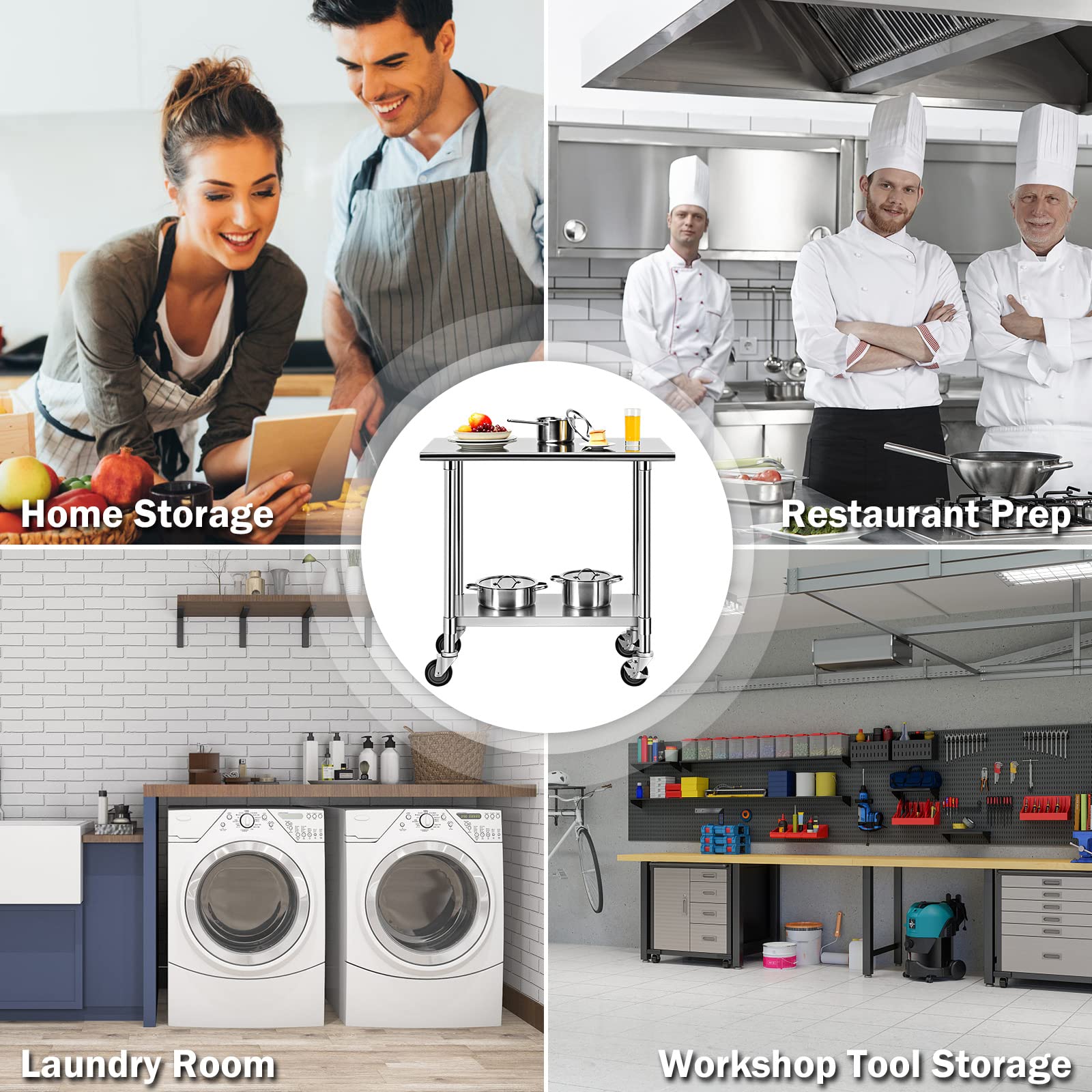 GIANTEX Tavolino da Lavoro, Banco da Lavoro, Tavolo in metallo con Ruote, Tavolo da Cucina in Acciaio, Ideale per Supermercato, Ristorante e Negozio, Elevata Capacità di Carico, Argento