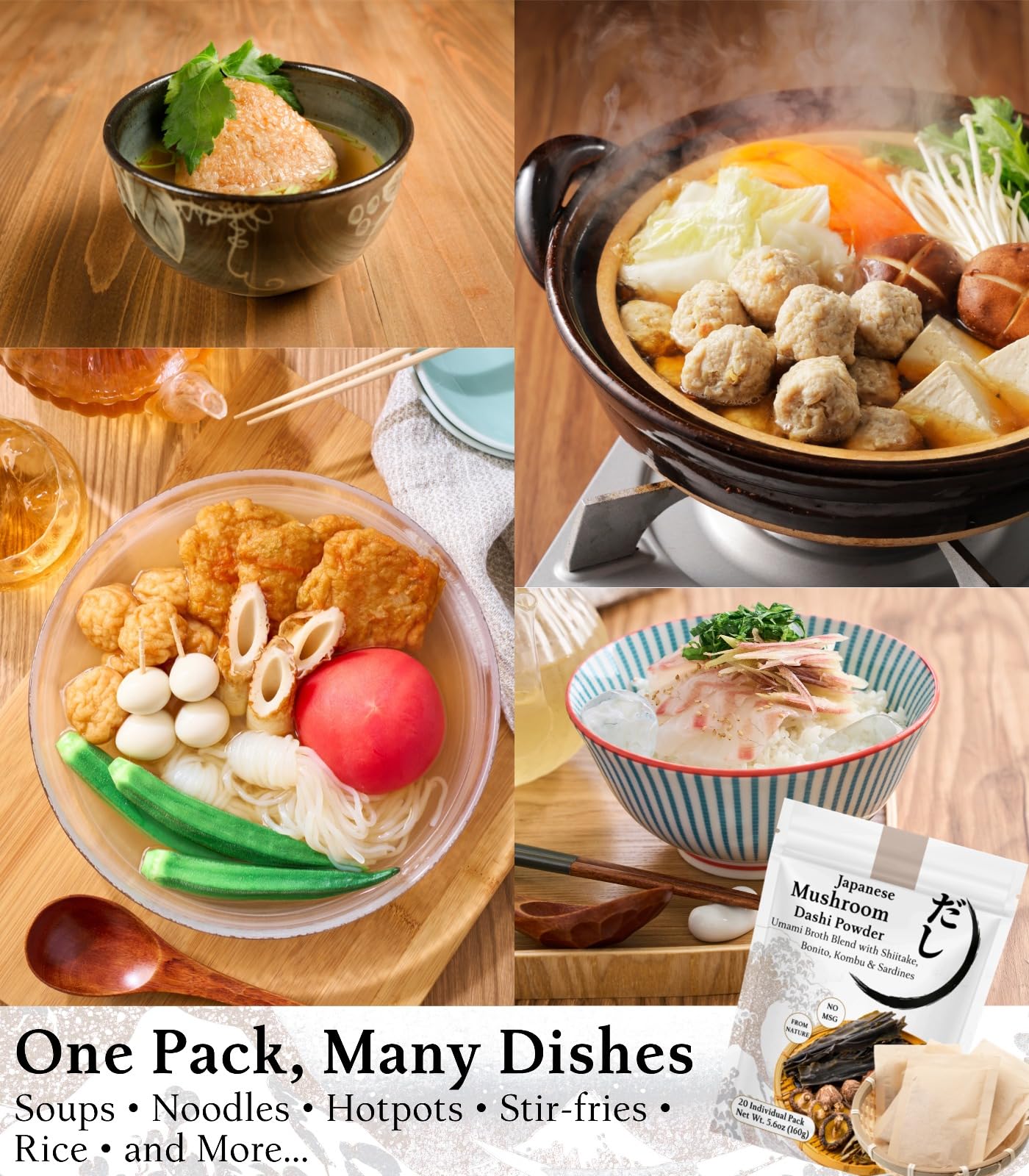 Japanese Mushroom Dashi Powder Soup Base - Natural Umami Dashi Soup Seasoning Stock with Shiitake, Bonito & Kombu, 20x8g Packs for Ramen, Udon, Miso Soup, Hot Pot(5.6oz)