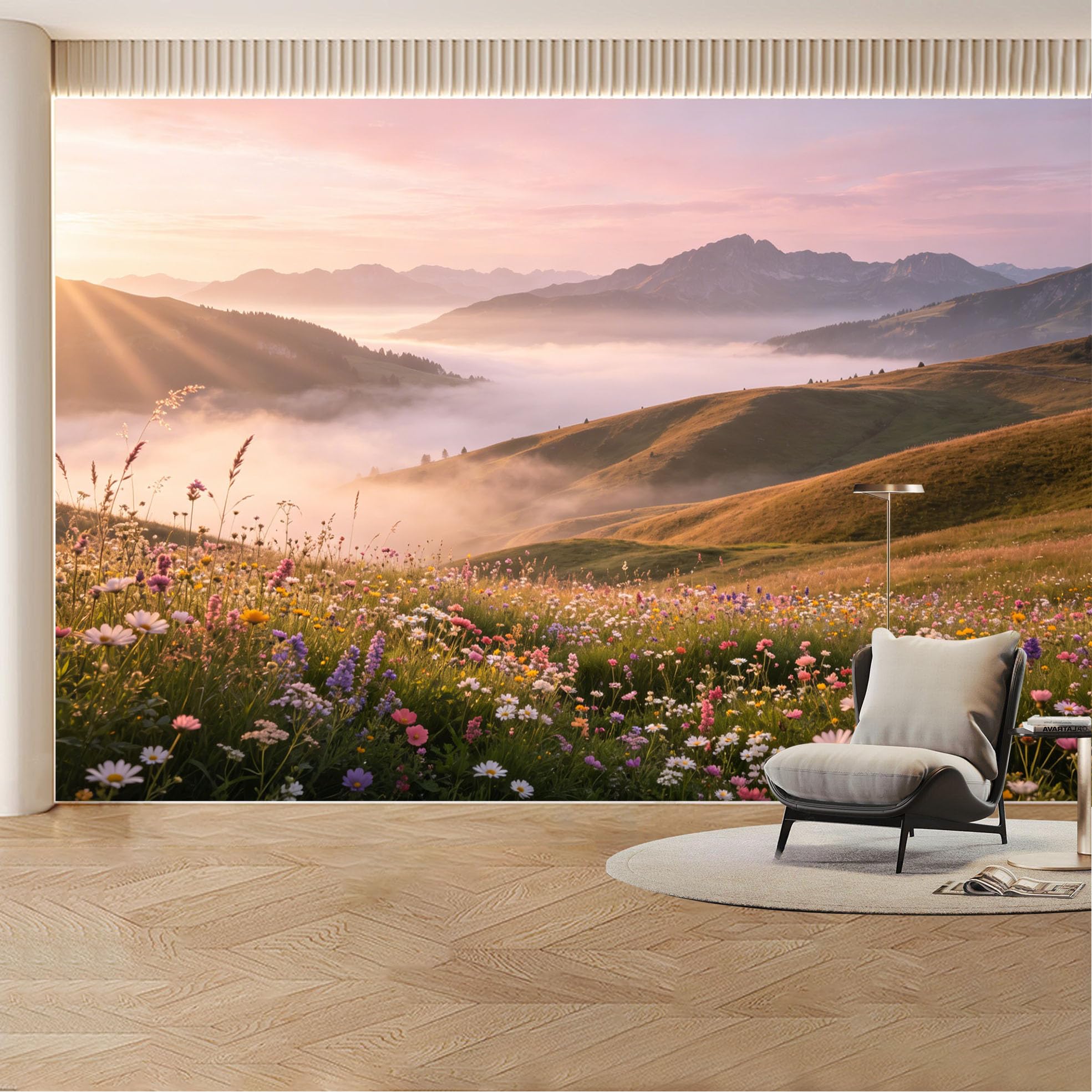 Custom Wall Mural Wallpaper Mountain Wildflower Landscape Nature 3D Effect Large Wall Art Mural Design Misty Sunset for Living Room， Bedroom， Office