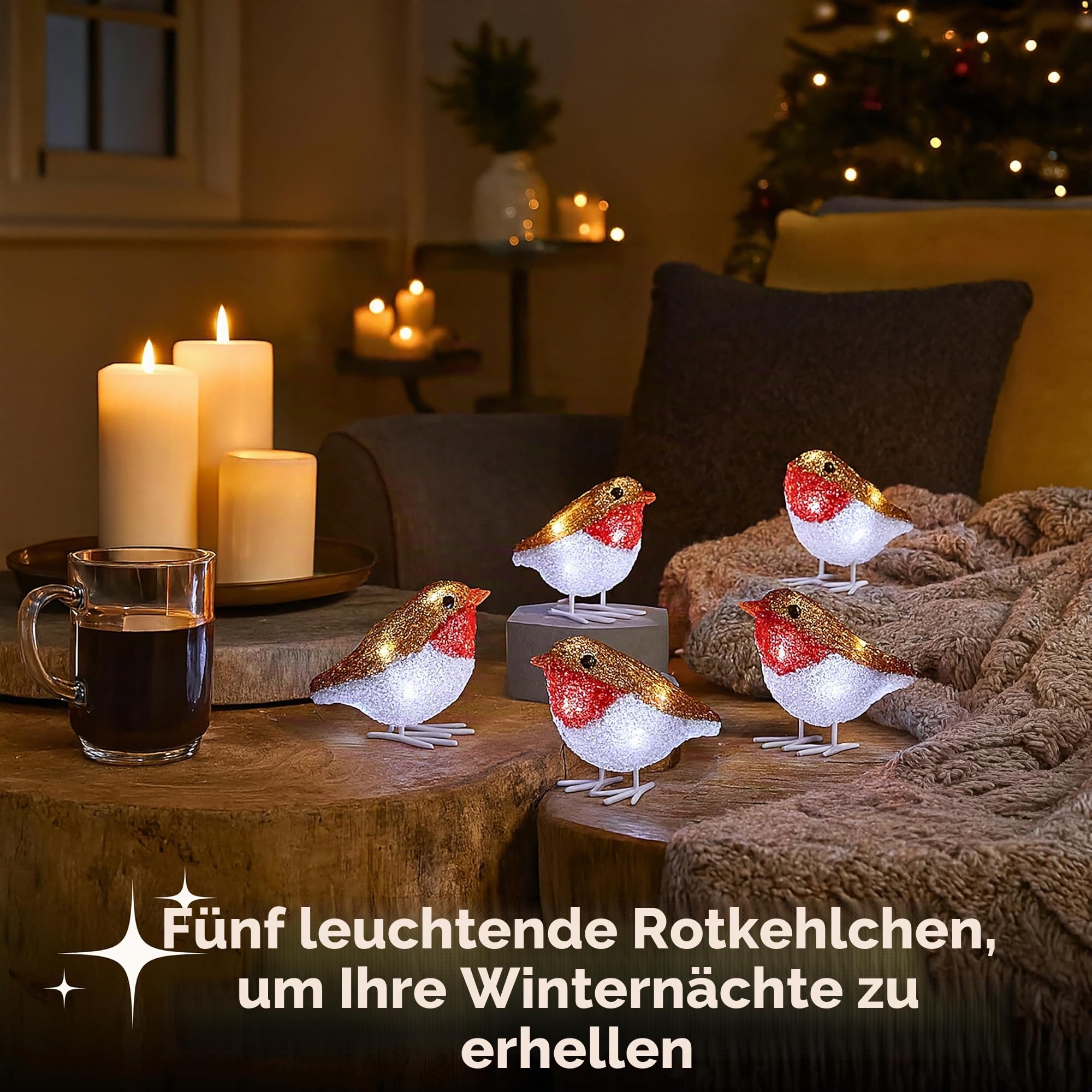 Marco Paul LED-Lichterkette mit Rotkehlchen-Motiv, batteriebetrieben, mit Auto-Timer, für Innen- und Außenbereich, festliche Weihnachtsvogel-Ornamente, saisonale Heimdekoration, 5 Stück