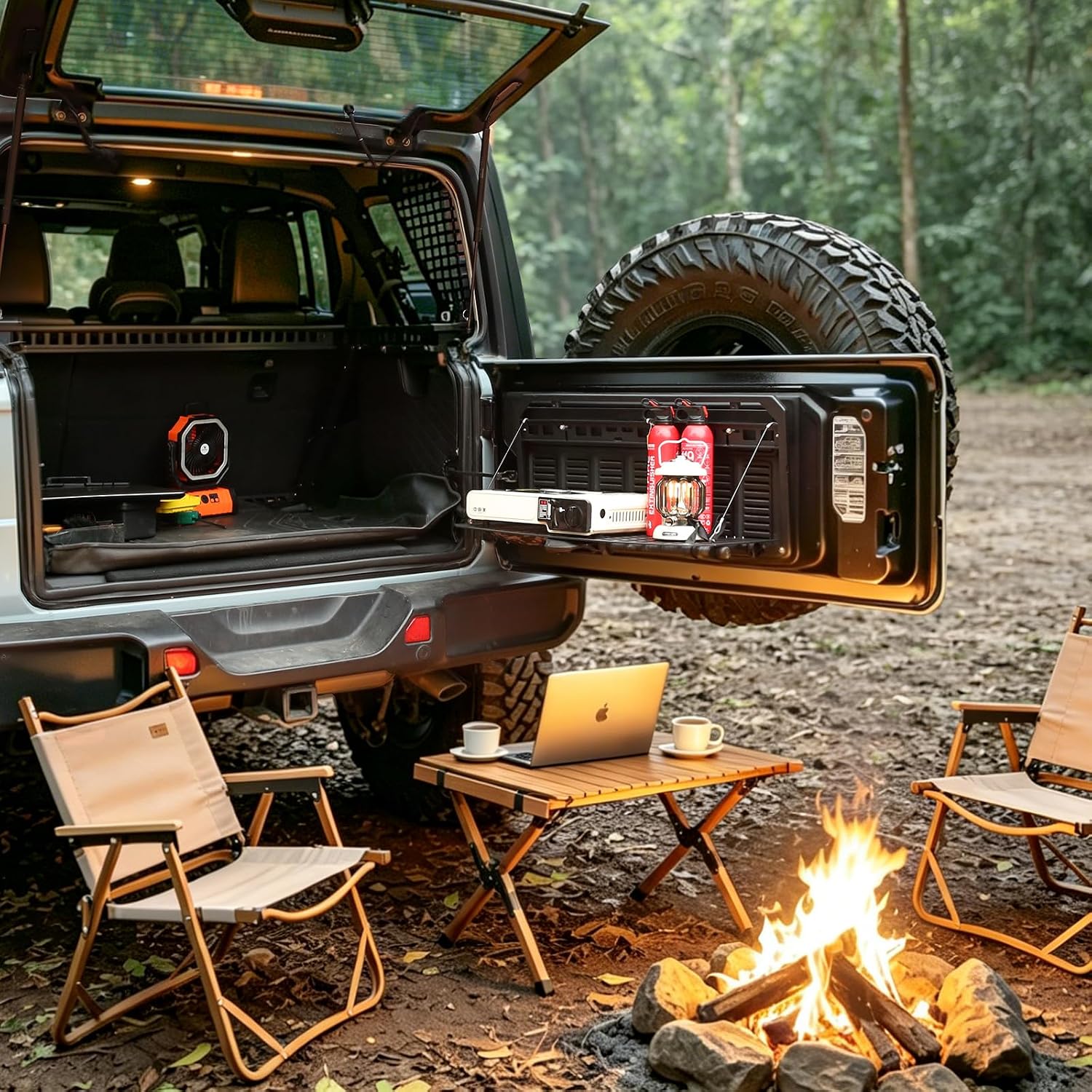 Tailgate Table Storage Rack Compatible with Jeep Wrangler 2007-2018 JK JKU & 2018-2024 JL JLU 4 Doors, Foldable Rear Cargo Shelf MOLLE Panel Camping Desk Organizer(Not fit with Low Speaker JK Models)