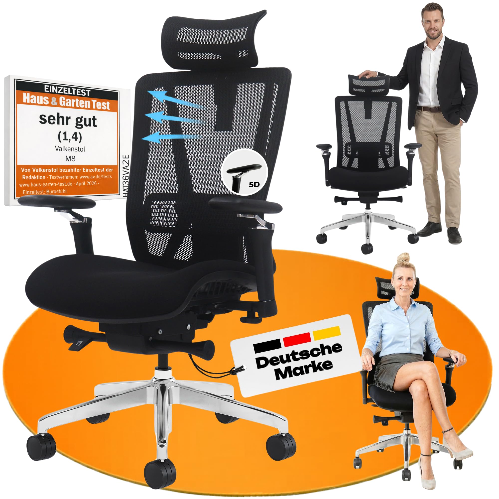 VALKENSTOL M8 Bürostuhl Ergonomisch Testsieger für Grosse Menschen, Breite Sitzfläche Schreibtischstuhl, Office Chair mit Lordosenstütze, Verstellbare Rückenlehne für Gesundes Sitzen Chefsessel 150kg