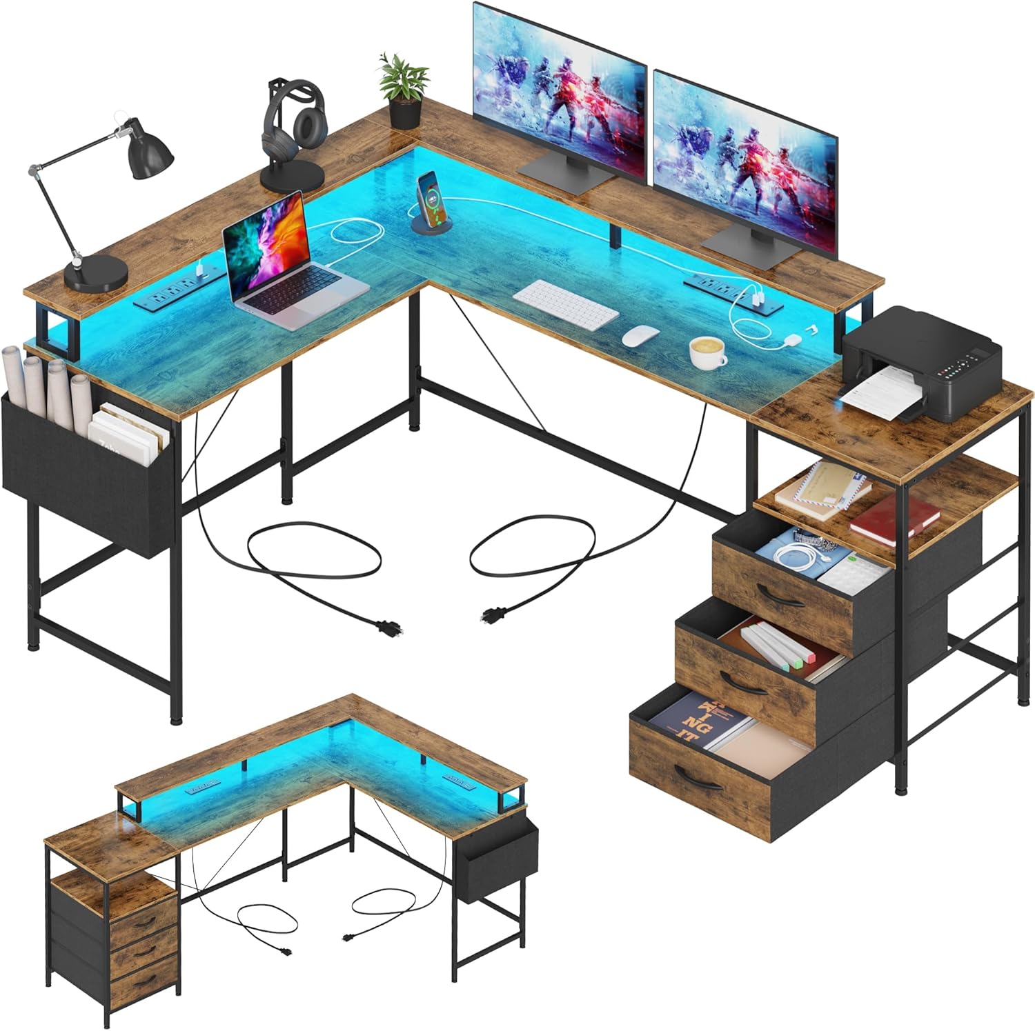 GYIIYUO L Shaped Desk 64+50 Inch, 2 Power Strips (6 AC) and LED, Large Gaming Table with 3 Fabric Drawers & 2 Monitor Stands, L Shape Computer Table, Sturdy Home Office Corner Desk, Rustic Brown