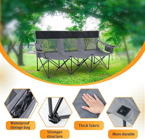 Miniatura 4 de Silla de campamento triple para 3 personas con respaldo de malla plegable para campamento al aire libre con bolsa de soporte para tazas, tela Oxford