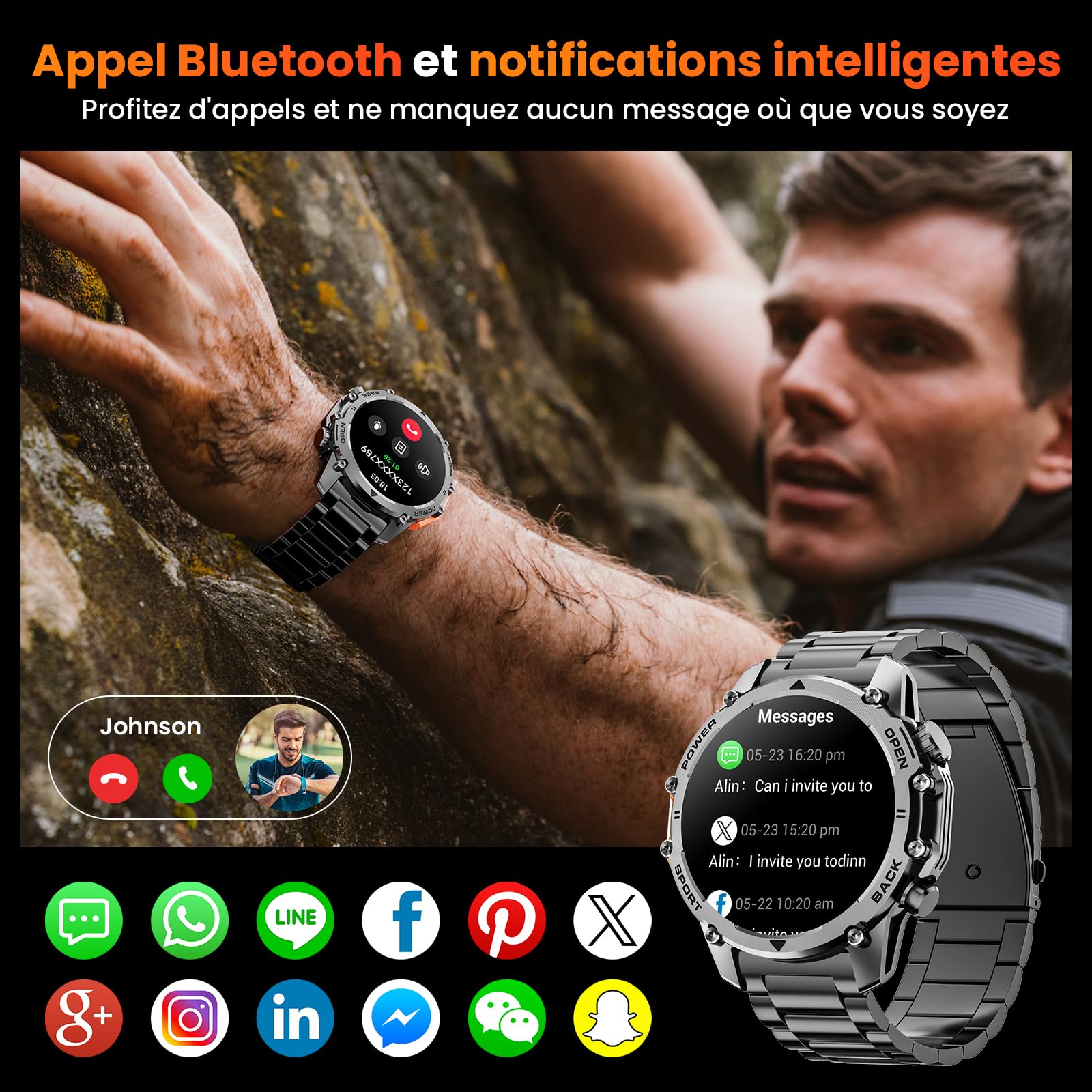 Montre Connectée Homme 1,52"HD Écran Smartwatch, 500 mAh Batterie et 120+ Modes Sportifs, Montre Connectée Militaire avec Fréquence Cardiaque/SpO2/Sommeil Moniteur et Lampe De Poche pour Android iOS