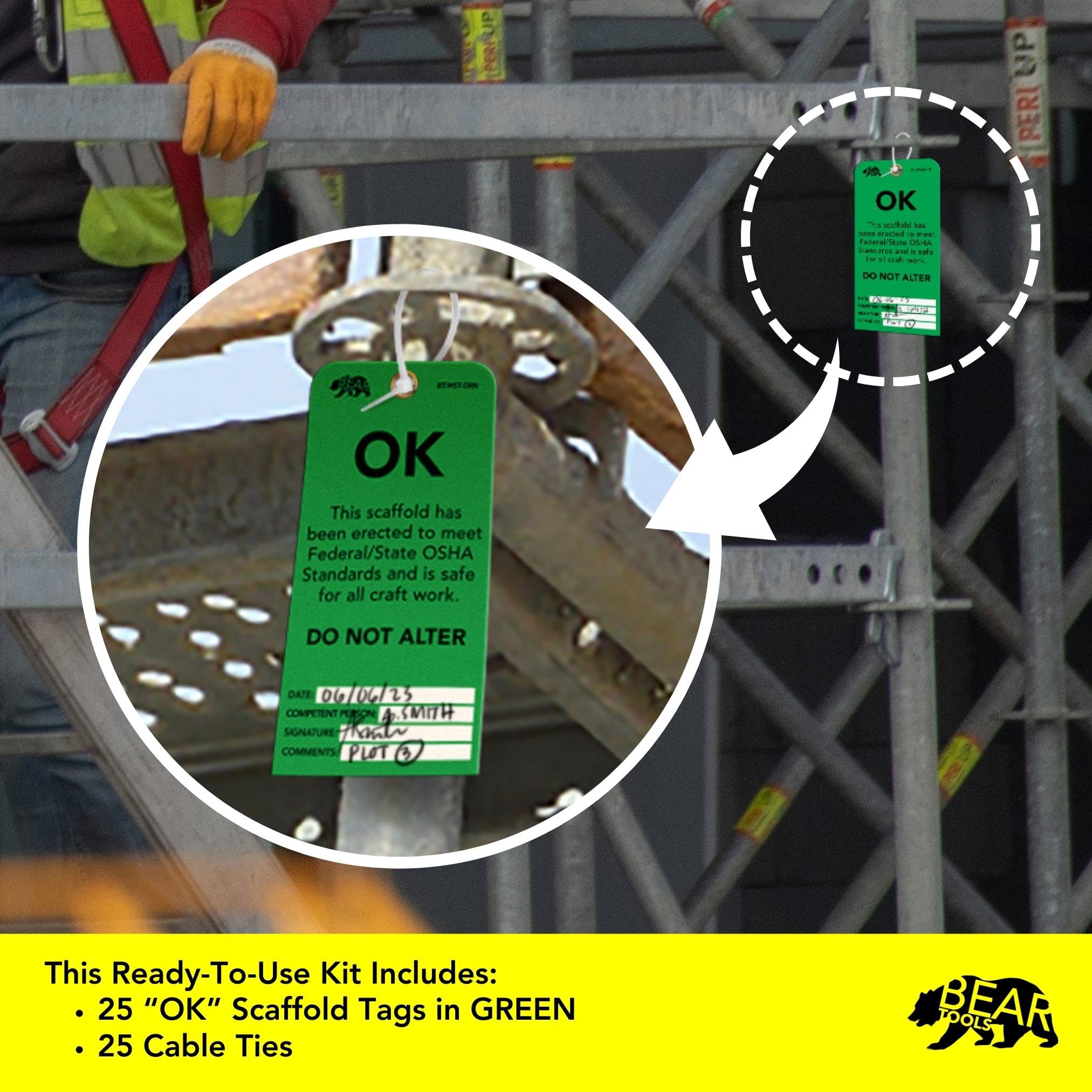 BearTOOLS Scaffold Tags - Safety Inspection Kit with Cable Ties - OK Scaffold Status Warning Sign - Laminated 3 x 6 in, Pack of 25 - Weatherproof, Tear-Resistant - Green Tags — Amazon image 5