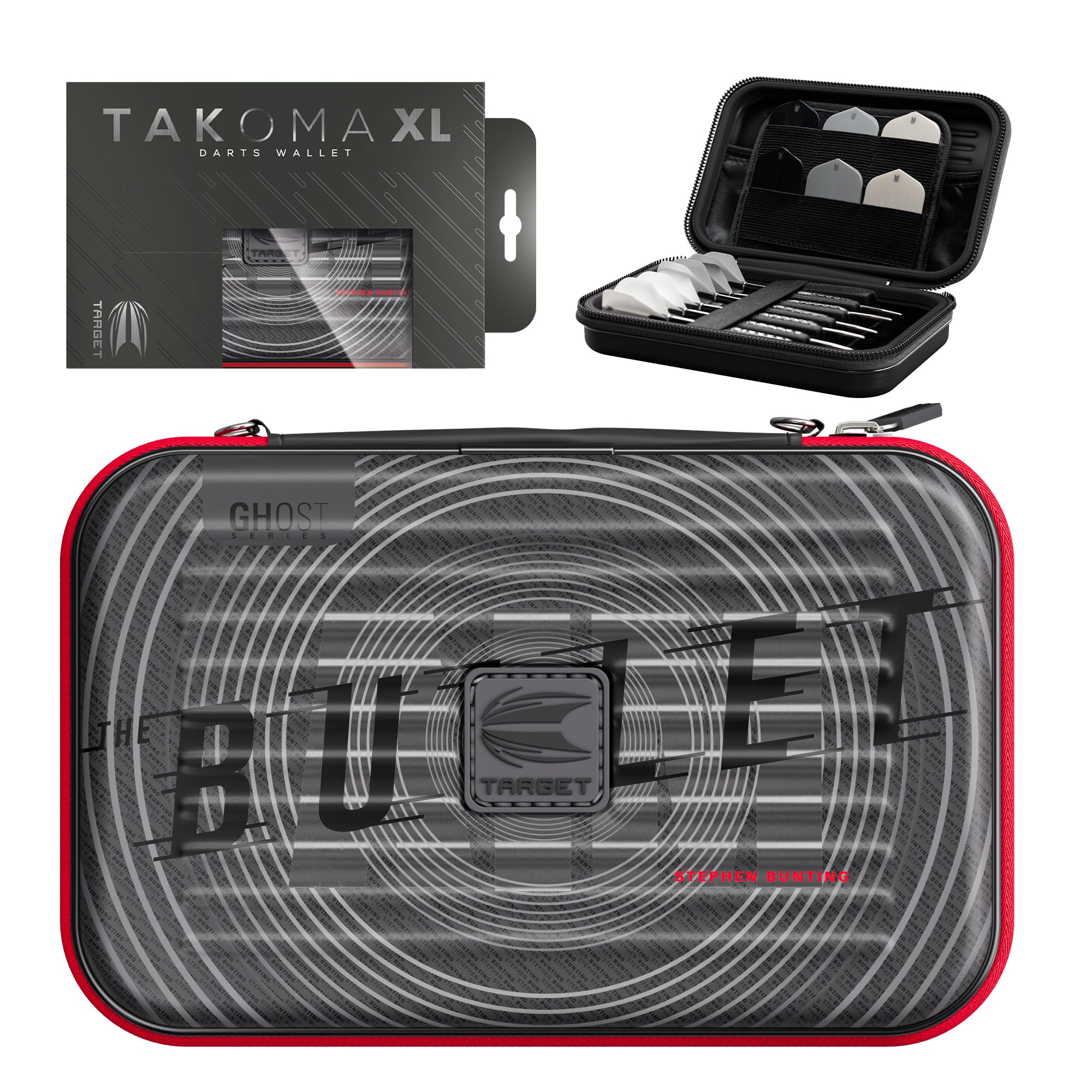 Target Darts Stephen Bunting Ghost Series XL Takoma Wallet Regular – Dartkoffer schwarz/weiß | The Bullet“ Darttasche mit Reißverschluss| professionelles Zubehör | Platz für 6 komplett montierte Dart