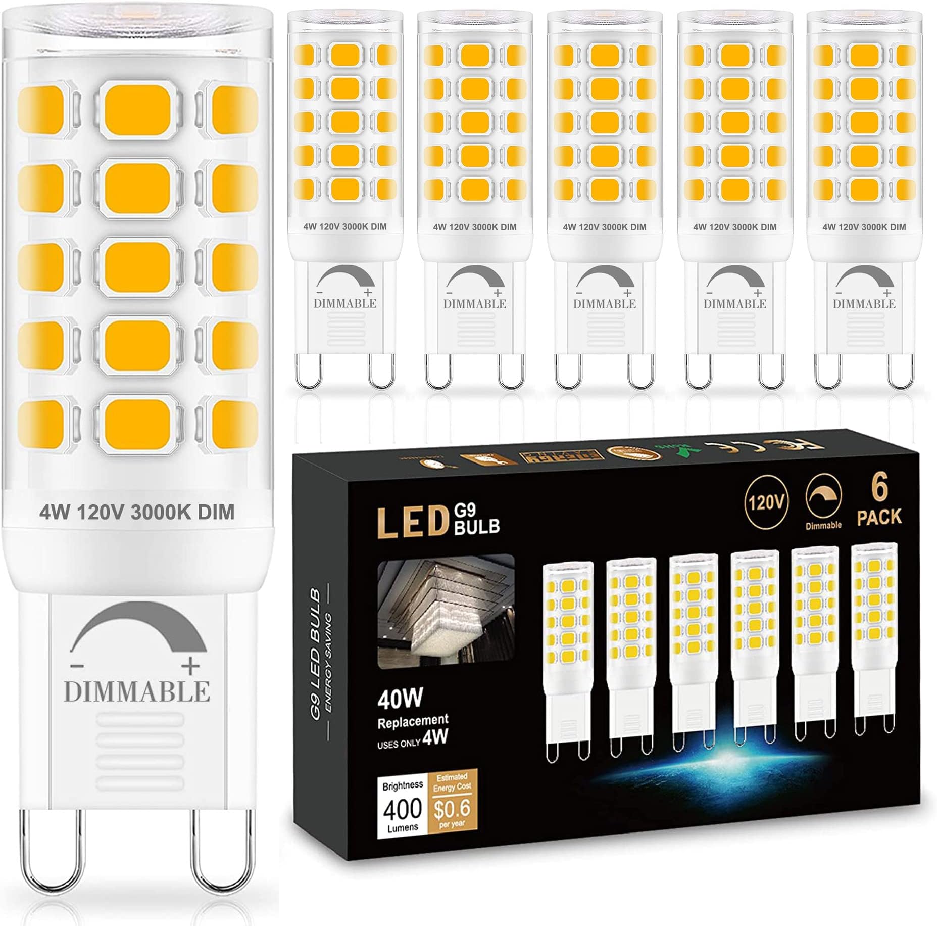 G9 LED Bulb Dimmable 40W Equivalent, G9 Bulb 3000K Warm White, 400 Lumens, 360° Beam Angle, No Flicker, 120V, G9 Bi-pin Bulb Ceramic Base, 4W G9 Light Bulbs for Chandeliers, 6 Pack