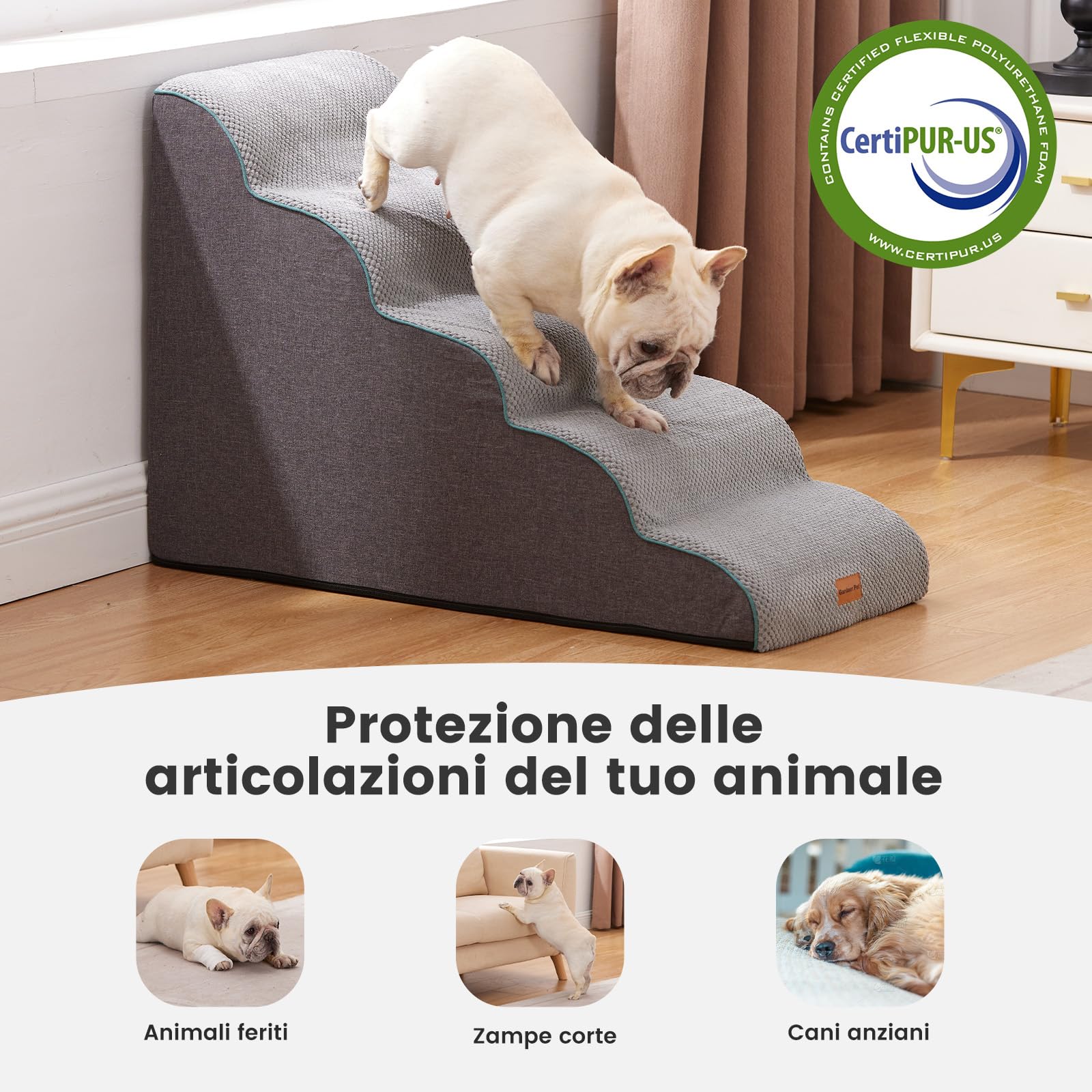 Gardner Pet Scaletta per Cani 58cm, 5 Gradini in Spugna 35D, Per Cuccioli e Piccole Mascote, Scalette per Letto Alto(61-76 cm), Rampa con Copertura Impermeabile Antiscivolo e Lavabile, Grigio