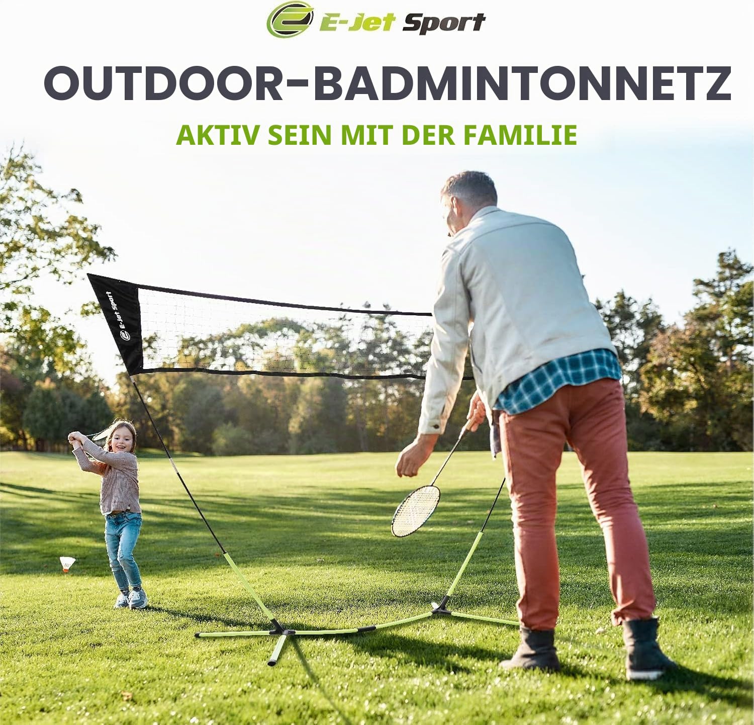 E-Jet Badminton-Netzschläger, Federbälle, Kombi-Set – tragbar und sofort aufgestellt (Hinterhof-Spaß, Strandpark-Picknick, Outdoor-Spiele)