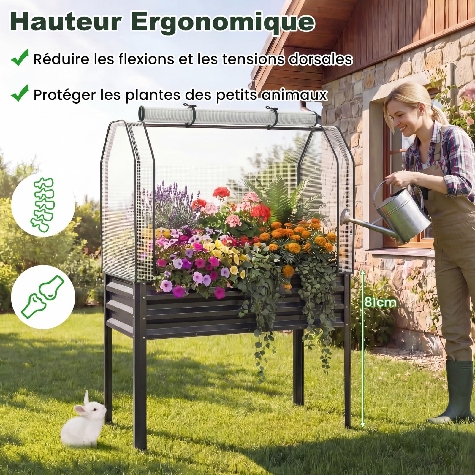 COSTWAY Jardinière Surélevée en Métal avec Serre (Gris) | Carré Potager avec Bâche de Protection, Mini Serre Extérieure avec Porte Zippée Enroulable pour Légumes Plantes Fleurs