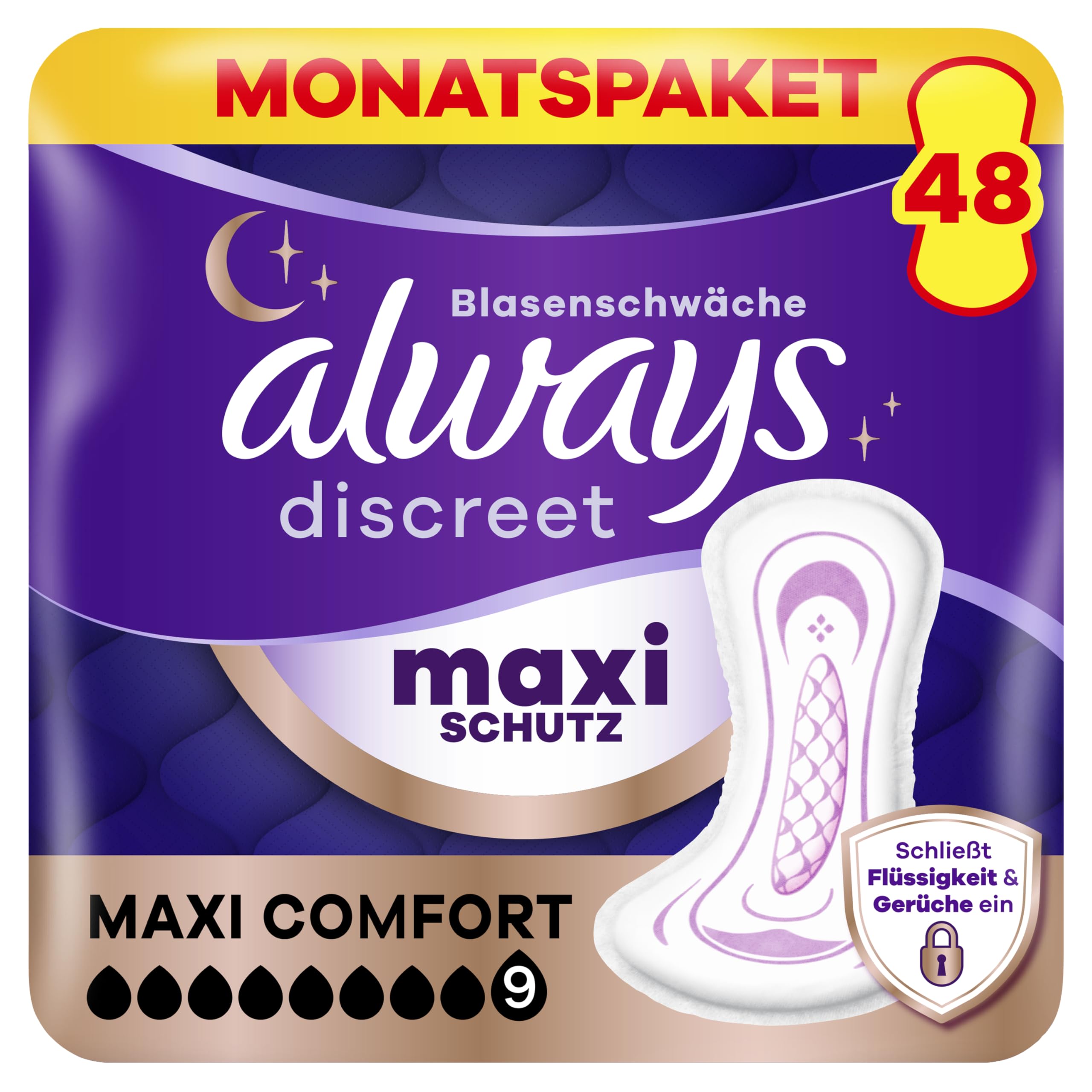 Always Discreet Inkontinenz-Einlagen Maxi Comfort Tag Und Nacht Für Frauen, Saugstärke 9, 48 Stück, Extra Sicher Bei Blasenschwäche, Geruchskontrolle