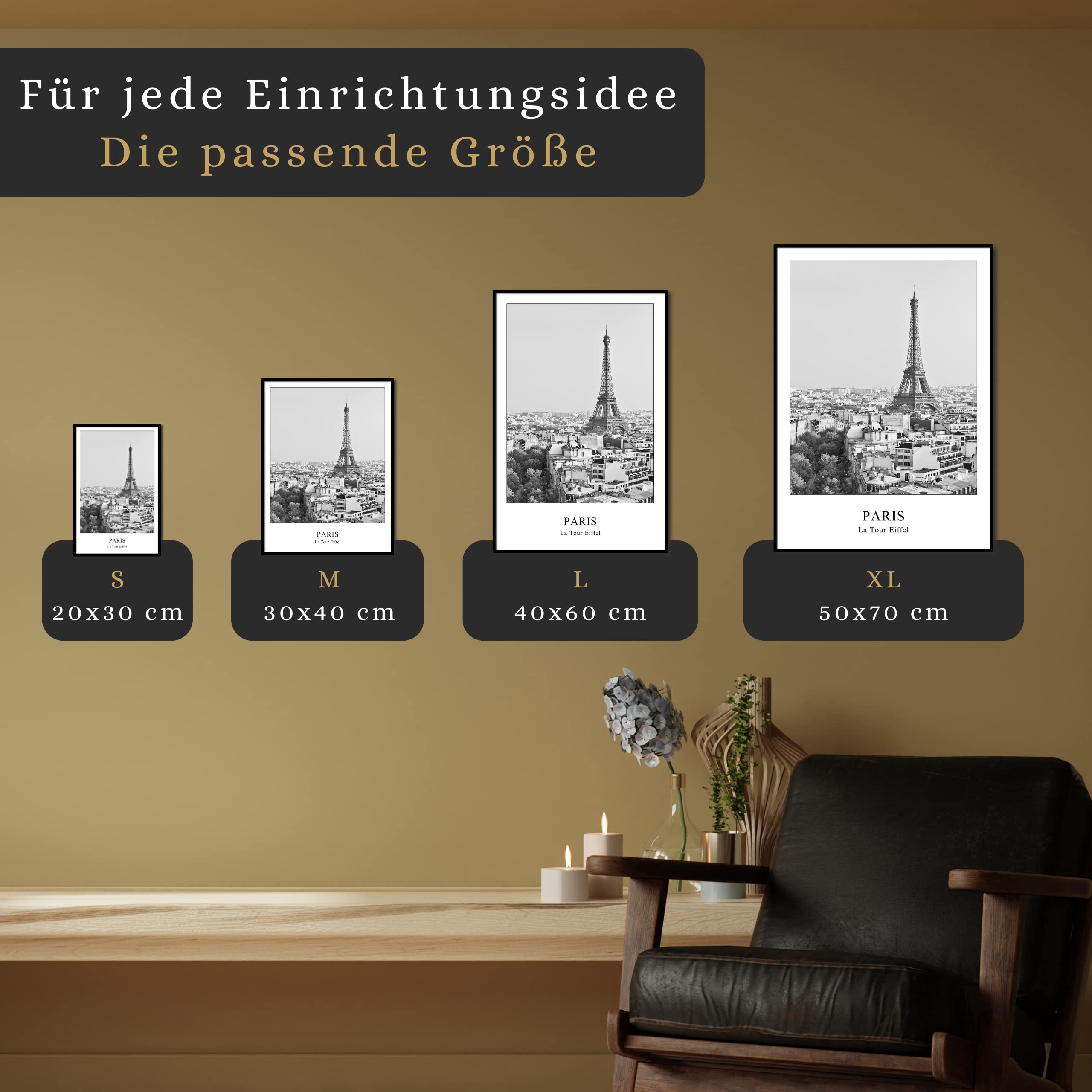 daazoo Rahmenbild Paris La Tour Eiffel | Wandbild mit Rahmen schwarz Hochformat | Bild Poster Stadt | Herbst Eiffelturm hell | Geschenkidee | Wohnzimmer Büro | schwarz weiß | 50 x 70 cm
