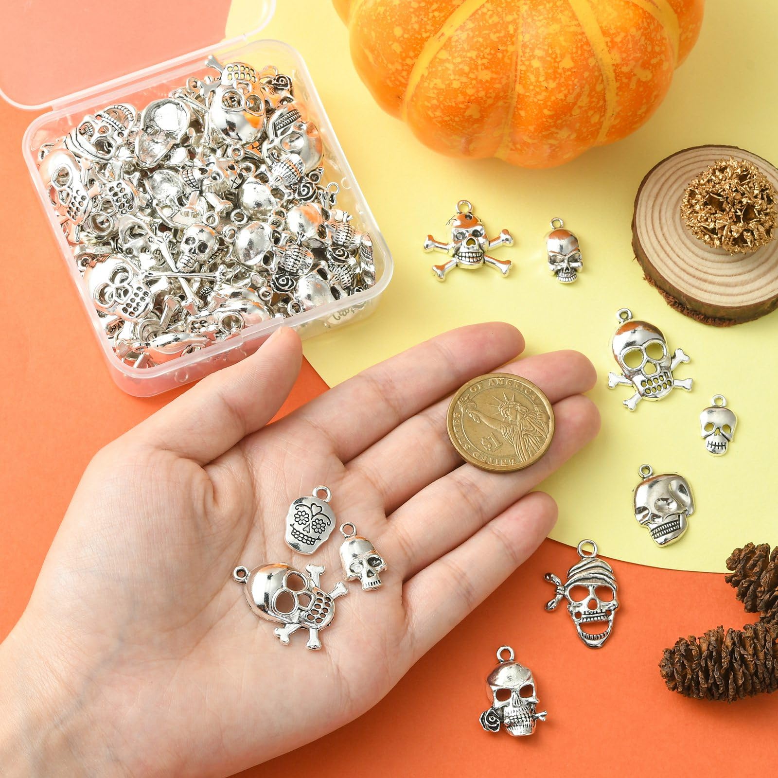 Stiesy 100Pcs 10 Style Tibetan Skull Charms Antique Silver Skeleton Bone Charm Bulk Vintage Halloween Skull Head Dangle for Bracelet Jewellery Making DIY Crafts Necklace - Image 4