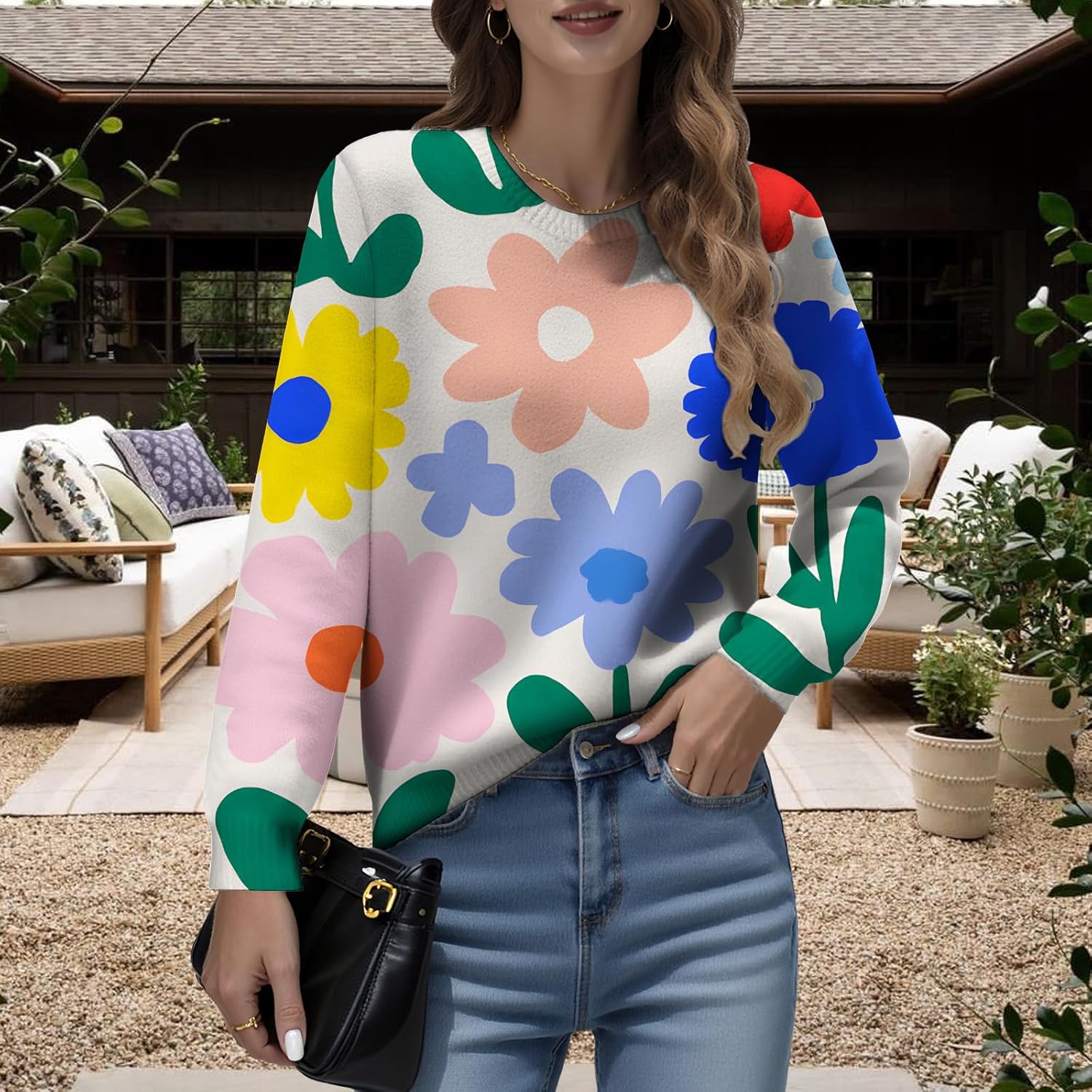 LIZALIG Women Top Pink Long Sleeve Flower Pattern Lightweight Soft Fashion Casual Floral Print for Fall Outfits - Image 3