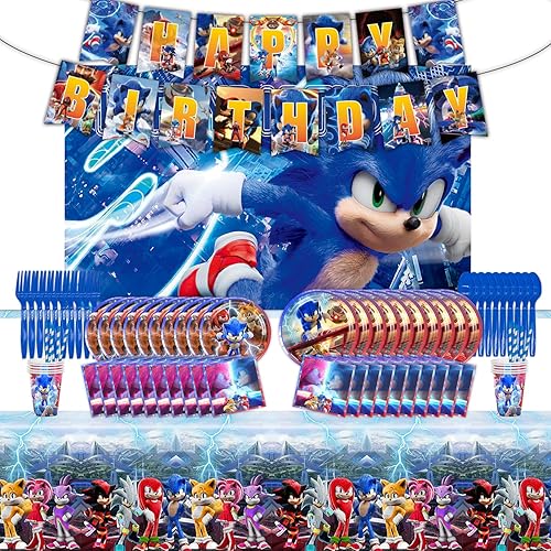 Suministros de fiesta de cumpleaños de Sonic, 83 piezas de decoraciones de fiesta de cumpleaños sonicas, incluyen pancartas, telón de fondo, platos,