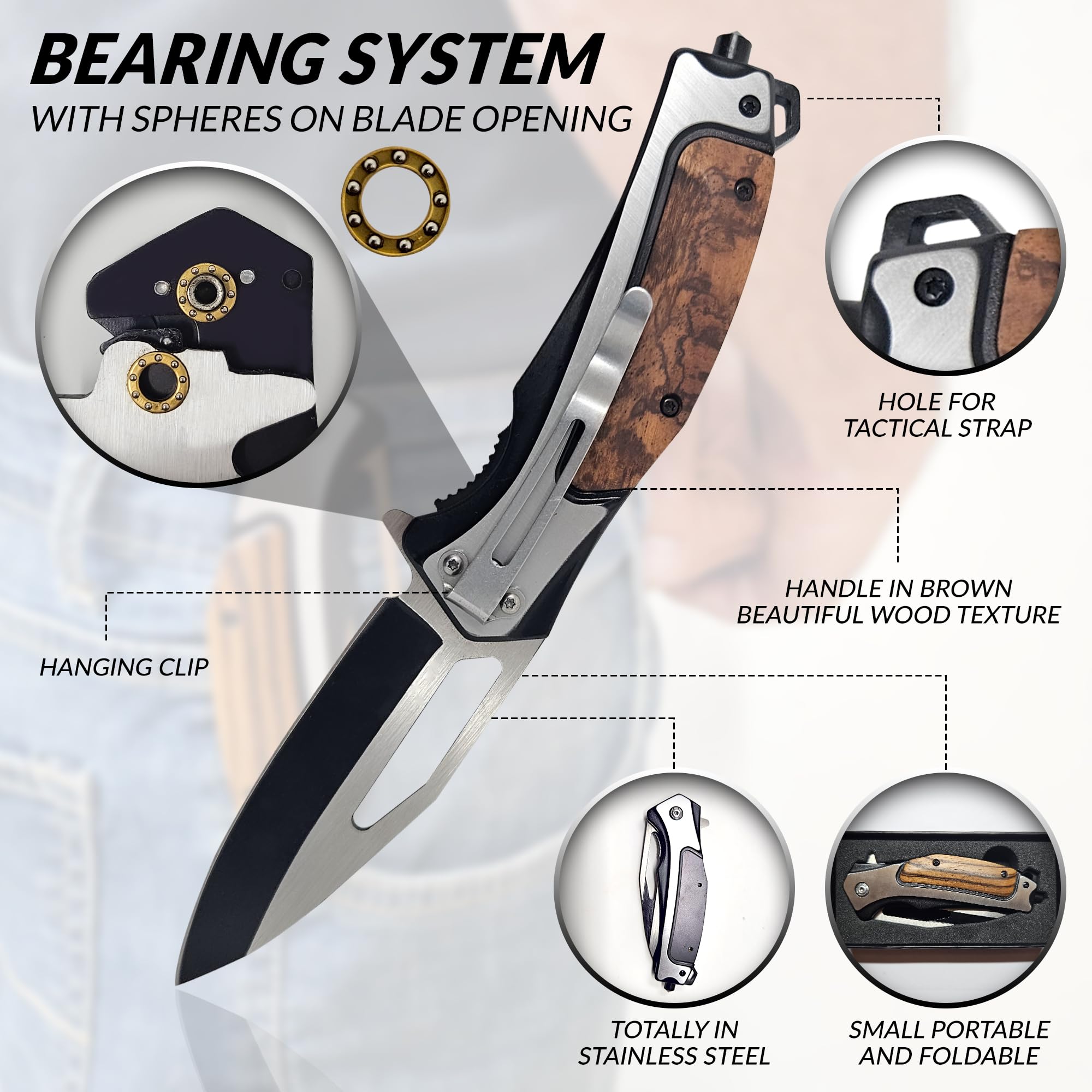 Coltello Pieghevole Professionale in Acciaio Inox Giapponese VG10 al Cobalto, Coltello Tascabile, Coltellino da Caccia e Pesca con Comoda Clip da Tasca. Lama 8 cm, 186g Tempra 62 HRC. BEARING SYSTEM.