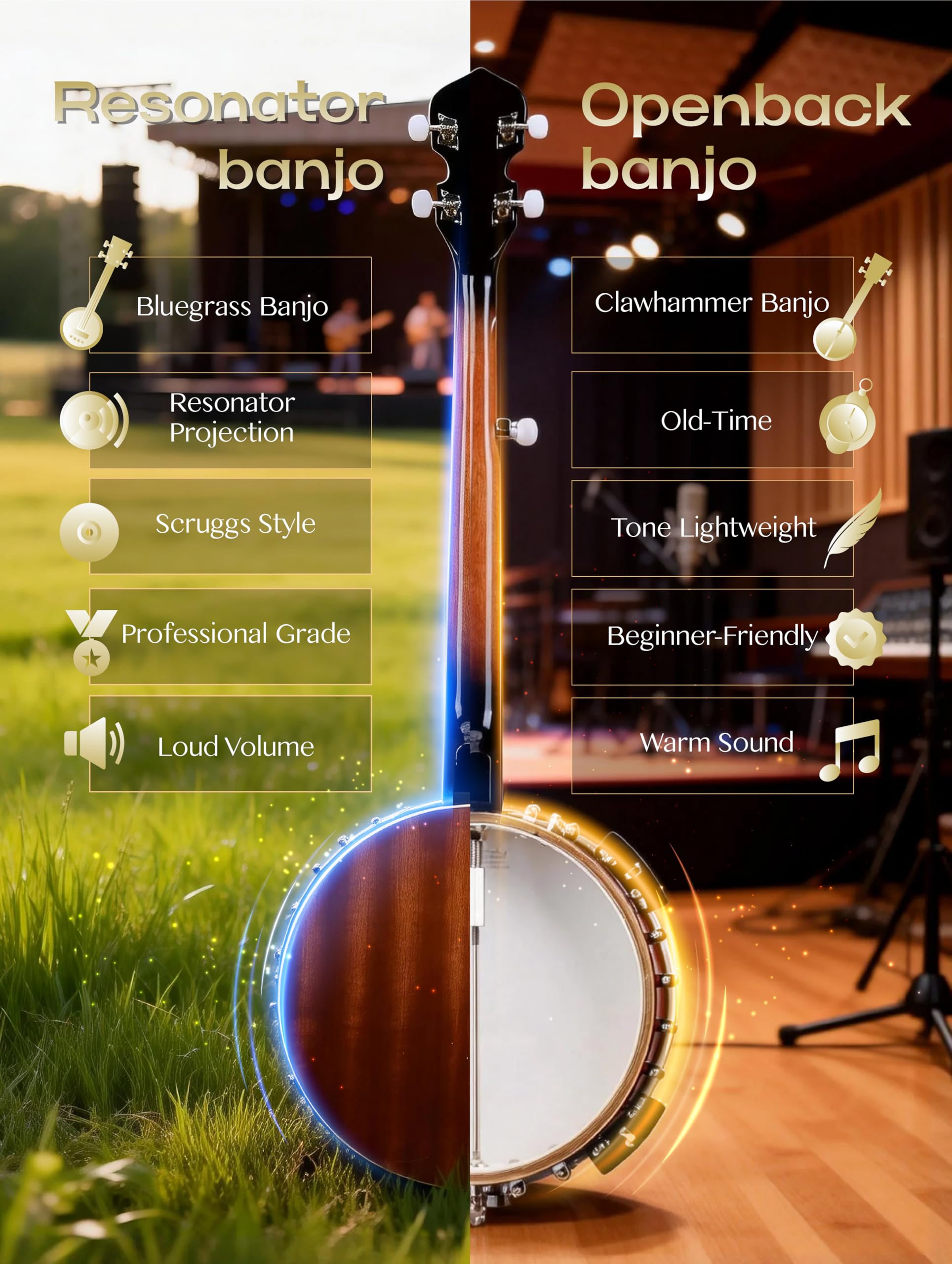 ALLSET Elektrisches Banjo mit 5 Saiten, volle Größe, 96,5 cm, 5. Stimmgerät, Remo-Kopf und Mahagoni-Körper, komplettes Starter-Set + Gigbag/Stimmgerät, bestes Geschenk für Erwachsene und
