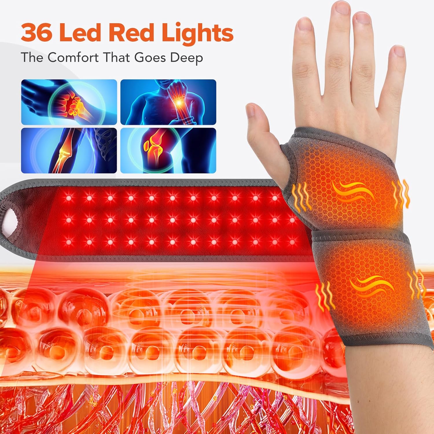 Cordless Wrist Heating Pad with Massage & Red Light, Rechargeable Heated Wrist Brace Wrap for Carpal Tunnel, Arthritis, Wrist Massager for Hand Pain Relief, 3 Heat & Vibration Modes (Grey) - Image 3