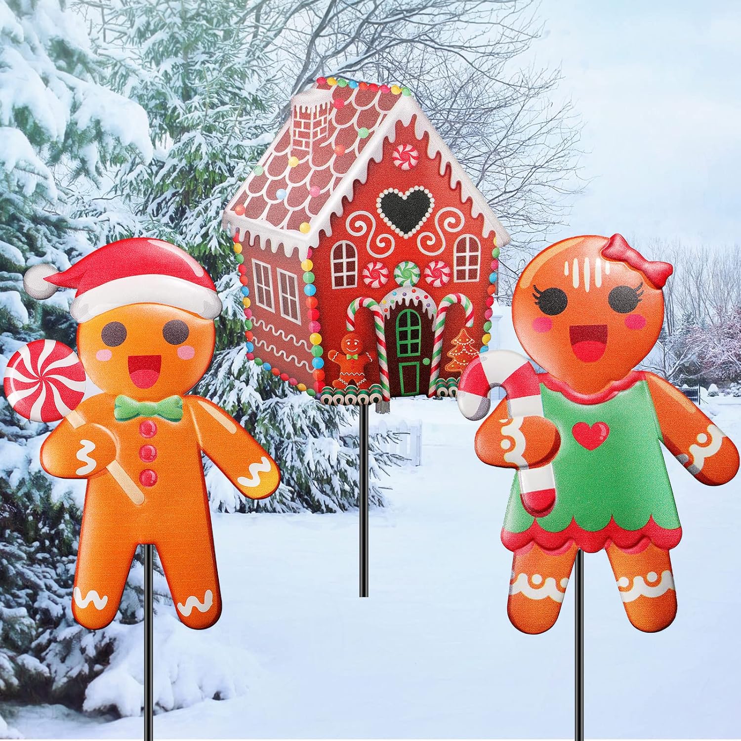 3 Pack Christmas Garden Metal Stakes Gingerbread Man 35.4 in Christmas Yard Sign Stakes House Gingerbread Christmas Decor Gingerbread Lawn Sign for Outside Holiday Xmas Lawn Home Pathway Patio Decor
