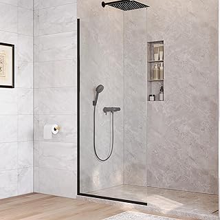 DeerValley 34"×74" Fixed Glass Shower Panel, 5/16‘’ (8mm) Thick Shower Glass Panel, Tempered Shower Screen, Shower Half Door with Hardware (Black)