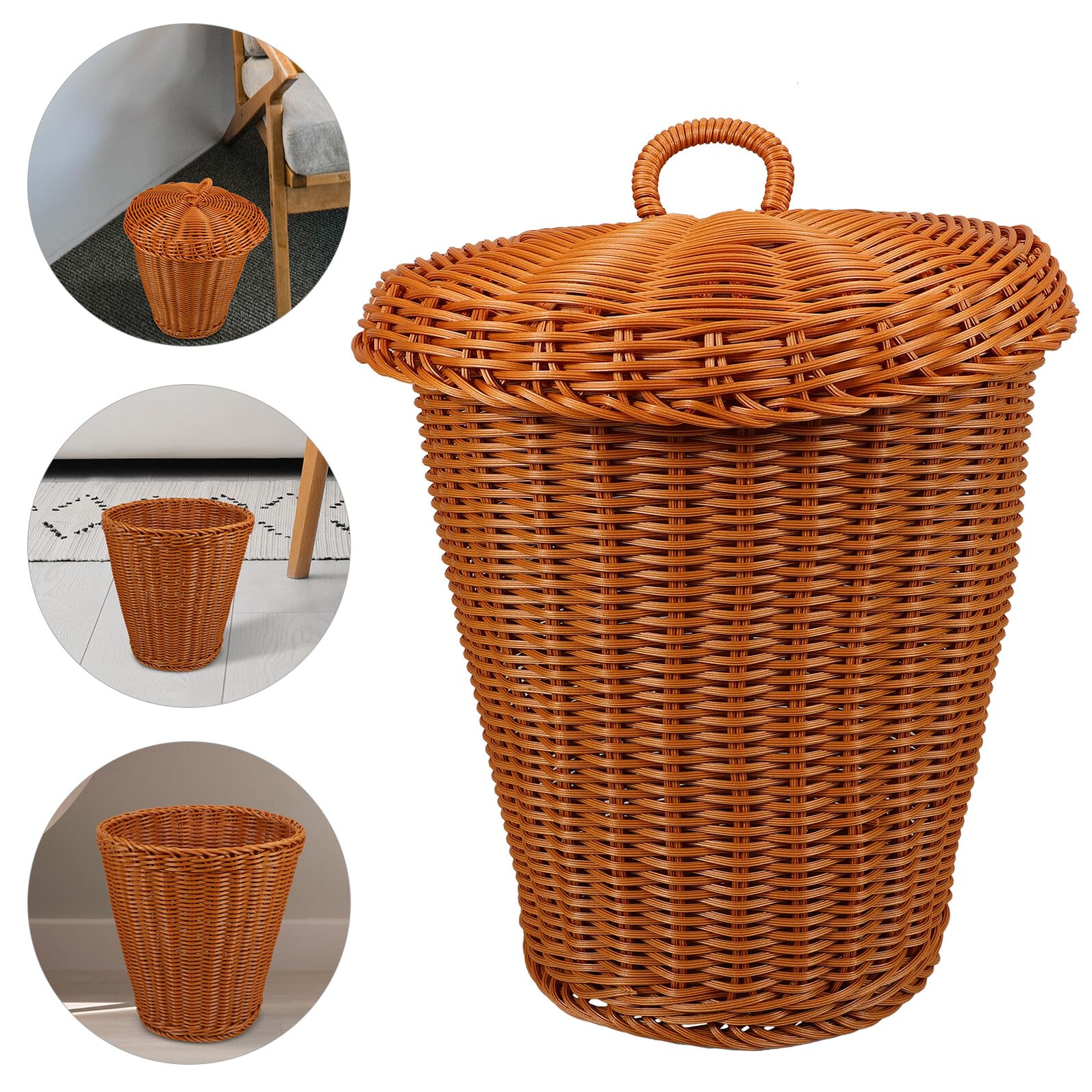 BESPORTBLE Cestino Portaoggetti in Rattan Imitazione con Coperchio, Capacità Ragionevole, Raffinata Fattura e Stile Rustico per Soggiorno o Studio
