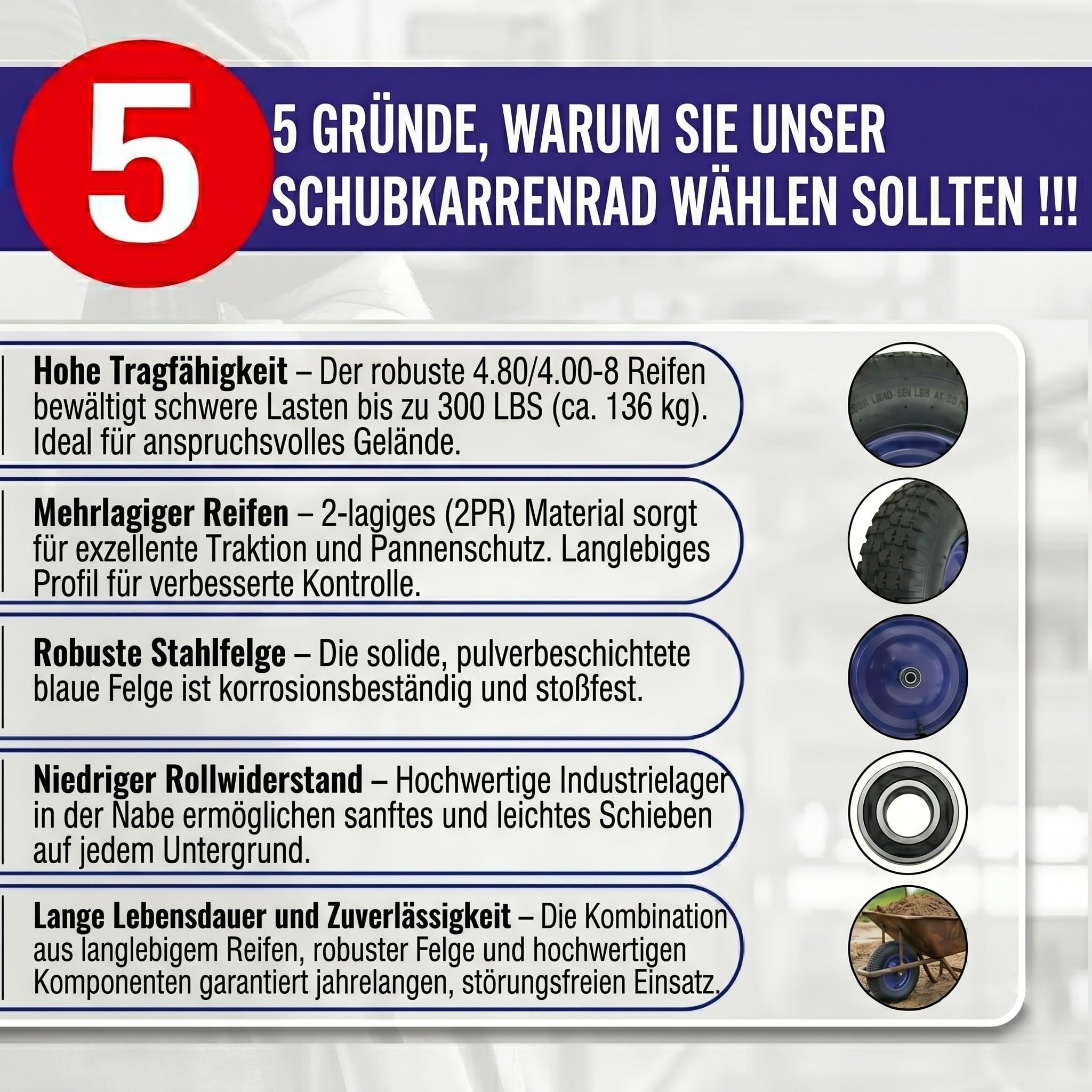Chle-Mar – 2x Koło do taczki 4.80/4.00-8 z osią | Pneumatyczne opony do taczki ze stalową felgą i łożyskami kulkowymi | Koła do taczek | Koła zapasowe do ogrodu, gospodarstwa i na budowę