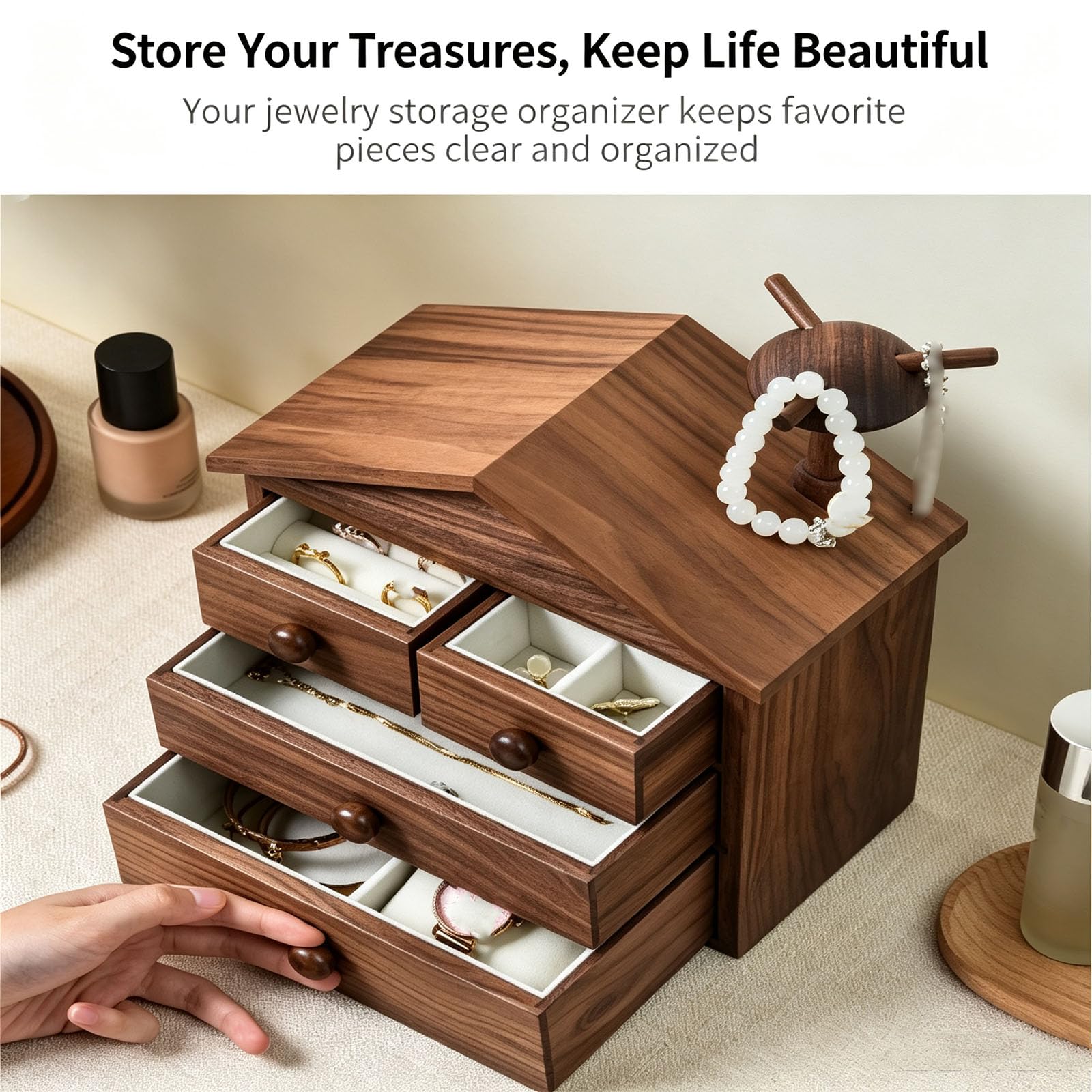Joyero De Madera para Mujer, Organizador De Joyas De 3 Niveles con 4 Cajones, Gran Capacidad De Almacenamiento, Diseño De Casa, Forro Protector, para Anillos, Small Size
