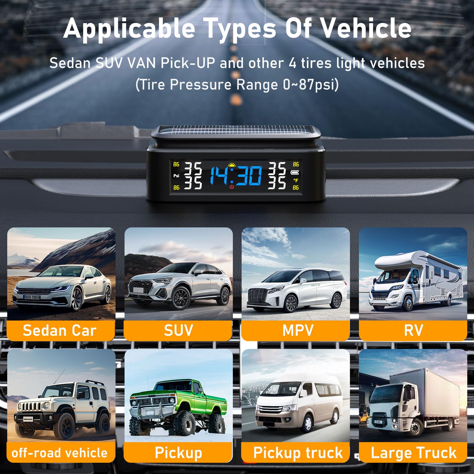 Seacot RV TPMS Tire Pressure Monitoring System With Solar/USB Charging, 4 Sensors, 6 Alarm Modes, LCD Display, 0-87 PSI Pressure Range For RVs, Trailers, And Cars