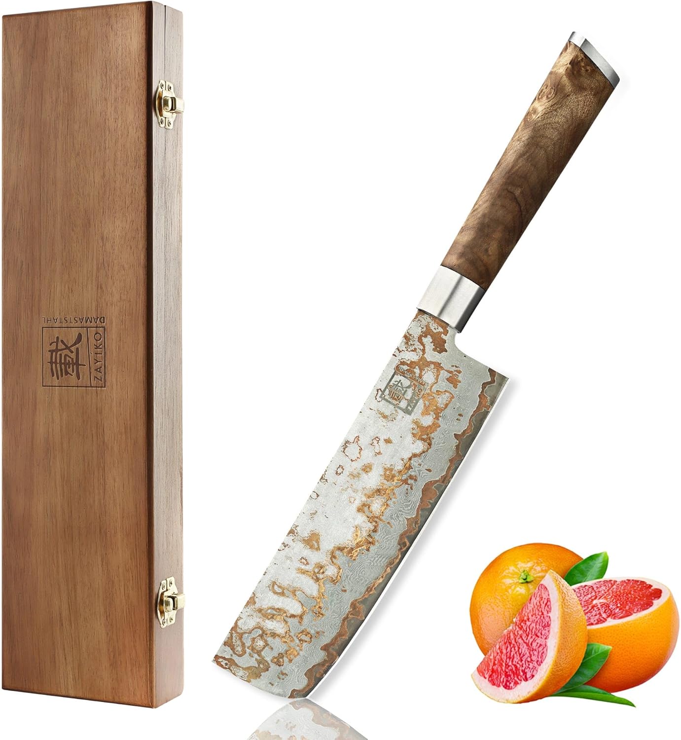zayiko MysticMagma Nakiri Damascus Knife, 17 cm Blade made of 67 Layers of Damascus Steel with copper and bronze Inlay, DualCurve Handle made of maple root Wood, wooden Box