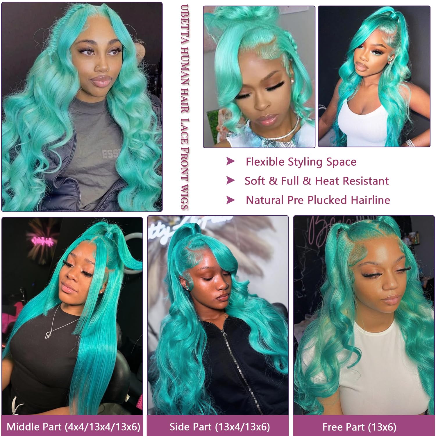 Ubetta Aqua Blue Lace Front Wigs Human Hair Glueless Transparent 13x6 Lace Front Wigs Human Hair Pre Plucked 20 Inch Colored Turquoise Wig Human Hair 180% Density HD Lace Frontal Wigs for Women