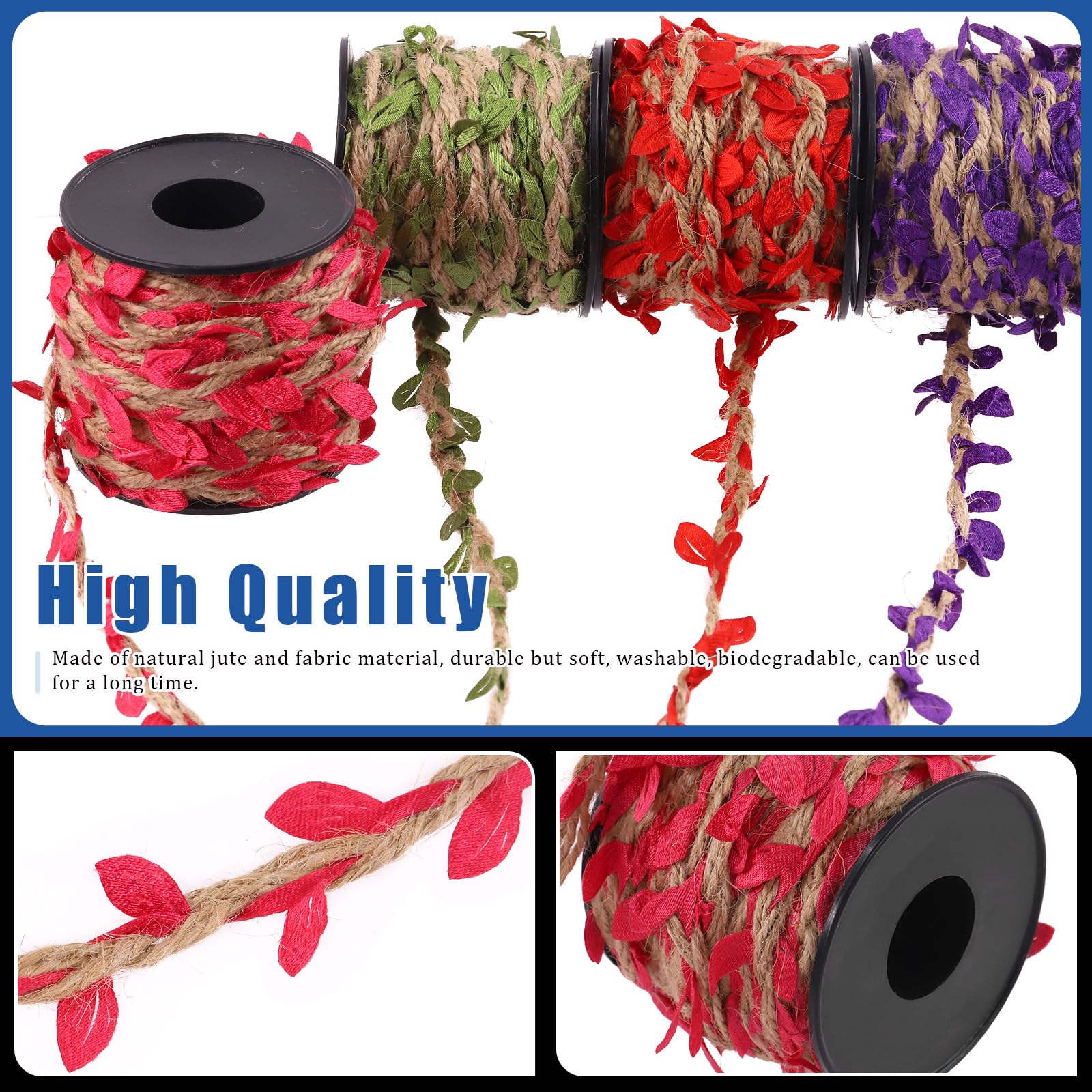 Glarks Set di 5 rotoli di nastro a forma di foglia, 5 colori di spago di iuta naturale con foglie di vite artificiali, corda di iuta intrecciata decorativa per decorazioni fai da