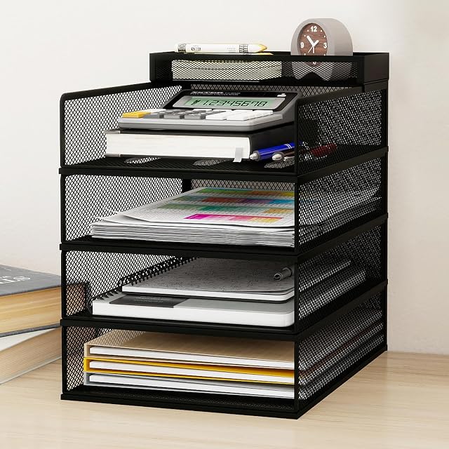 Natwind 4-Tier Stackable Metal Mesh Letter Paper Tray Organizer,Black | Desk Organizer For Paper,Document,Mail Tray For Office Supplies,File Holder For Home Office School Classroom Organization