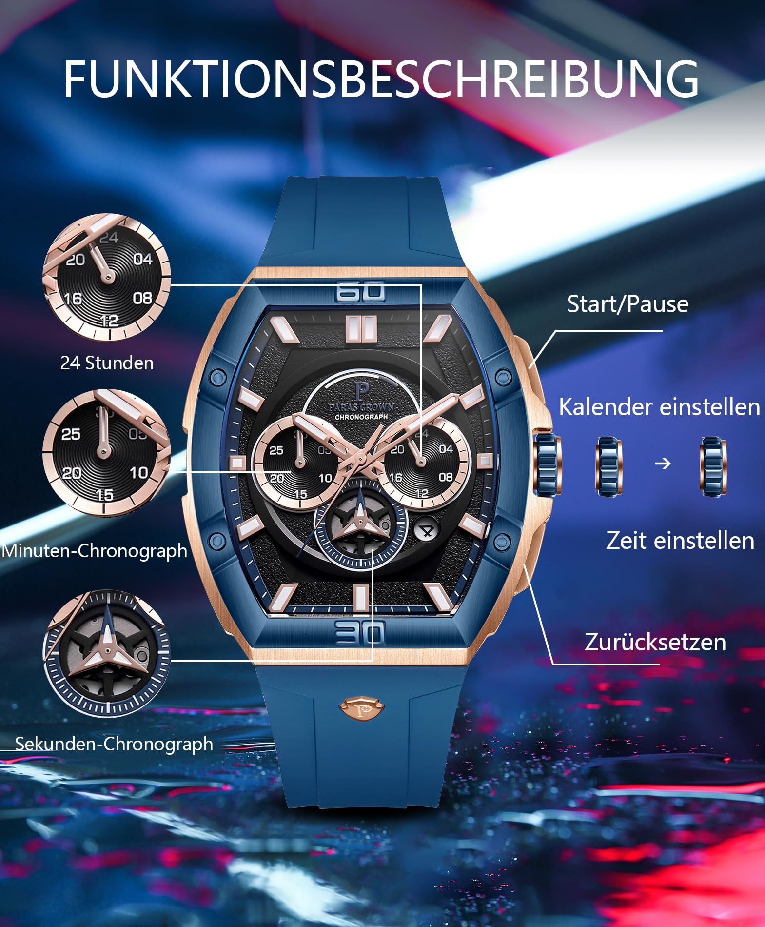PC PARAS CROWN Uhren Herren Chronograph Quarzuhr mit Japanischem Uhrwerk 5ATM Edelstahl Tonneau-Gehäuse Silikonarmband