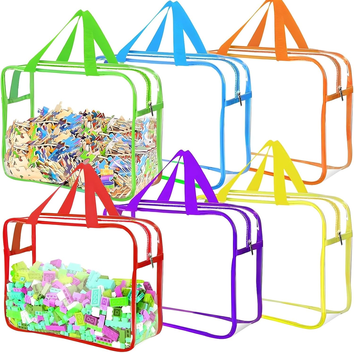 6 Pcs Heavy Duty Clear Pvc Storage Bags With Handles, Waterproof Toy Organizers, Large Transparent Containers For Crafts, Puzzles, And Travel (11.8X8.66X3.9) In 6 Colors