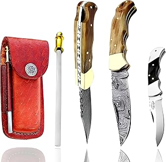 Best.Buy.Damascus1 Damascus Pocket Knife Set, 6.5" Folding Hunting Knife with 3" Real Damascus Blade & Olive Wood Handle, EDC Camping Knife for Men with Leather Sheath, 5.5" Mini Knife, Sharpener & Gift Box