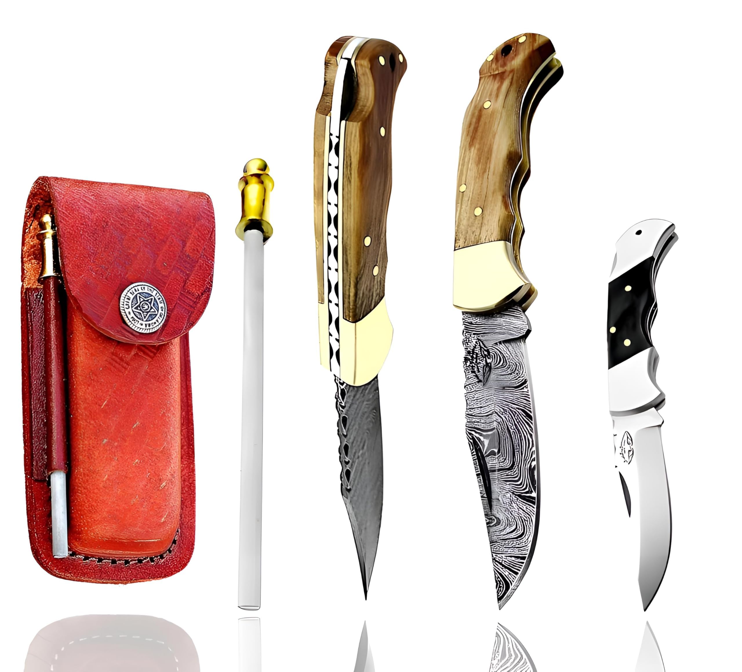Best.Buy.Damascus1 Damascus Pocket Knife – Handmade Folding Knife with Olive Wood Handle, Razor Sharp EDC with Leather Sheath – Survival, Camping & Hunting Knife for Men