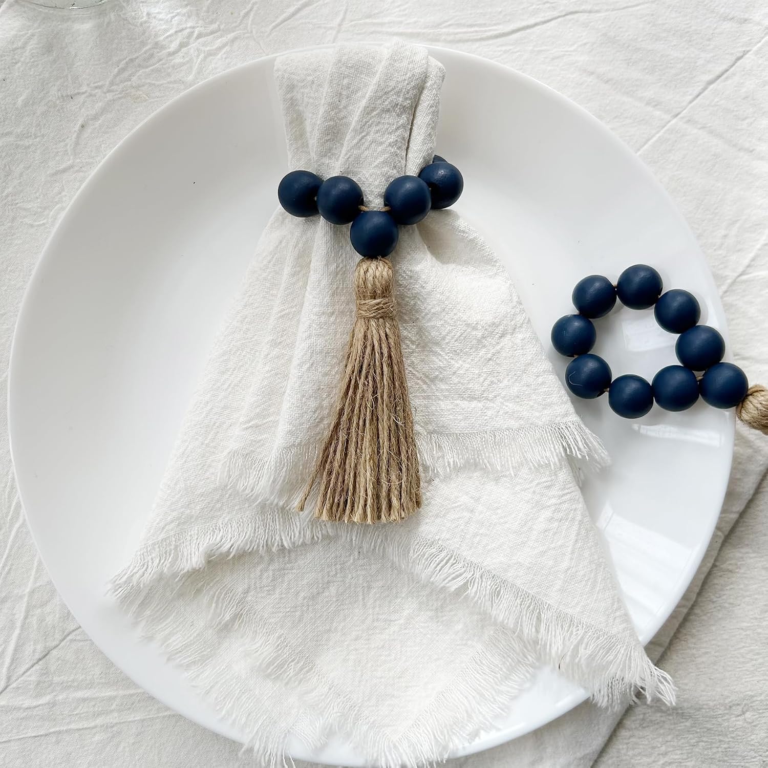 Napkin Rings Set of 12,Wooden Bead Elastic Tassel Napkin Ring (Navy Blue)