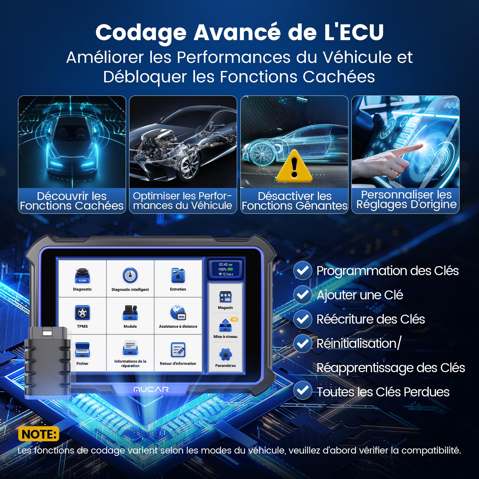MUCAR VO8 Outil de Balayage Bidirectionnel, Diagnostic OE à l'échelle du Système, Codage ECU, Test Proactif, 34+ Services, FCA Auto Verification, Gratuit à Vie
