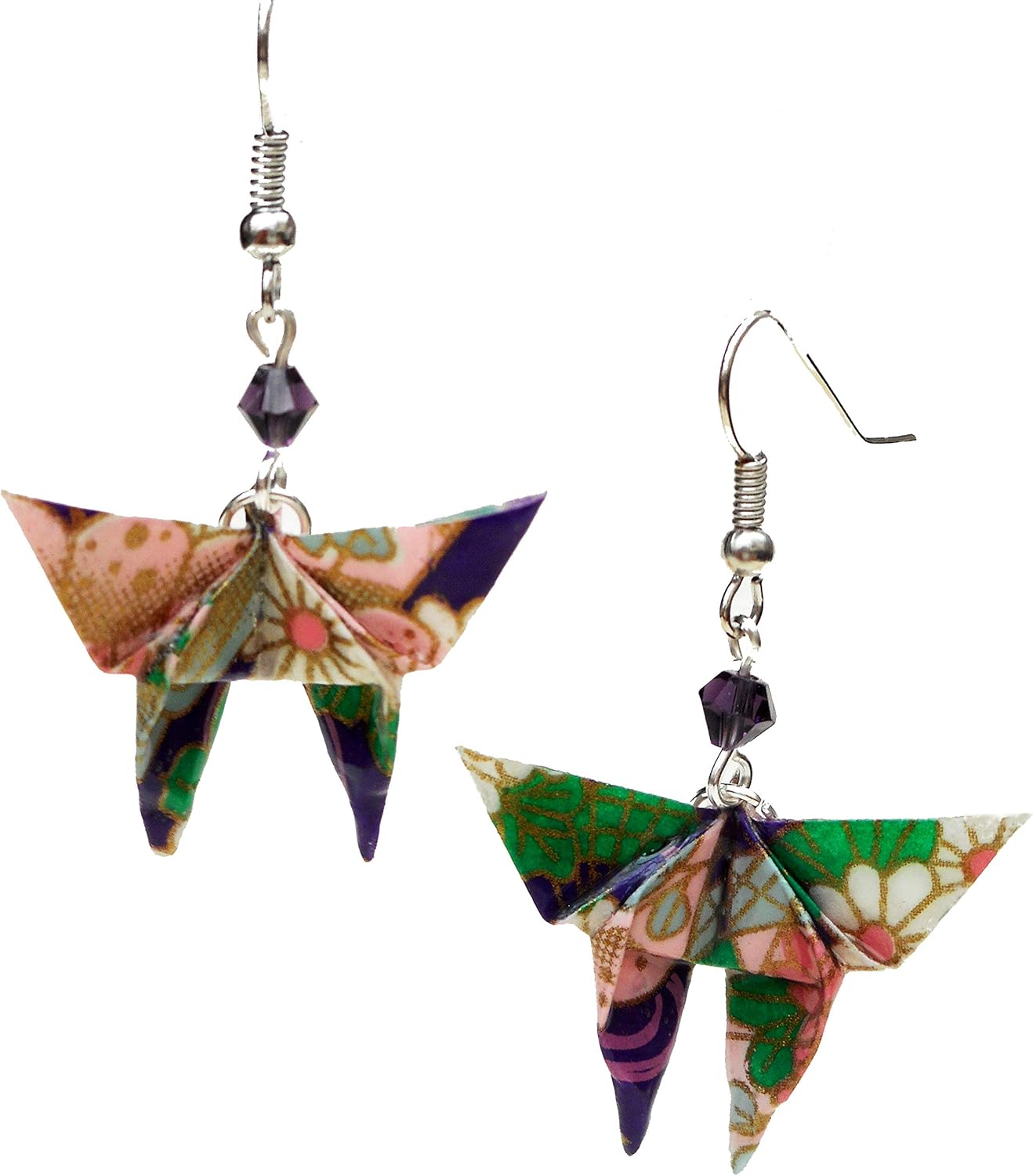 Handcrafted Origami Paper Butterfly with Glass Beads Earrings, First Anniversary Mother's Day Gift