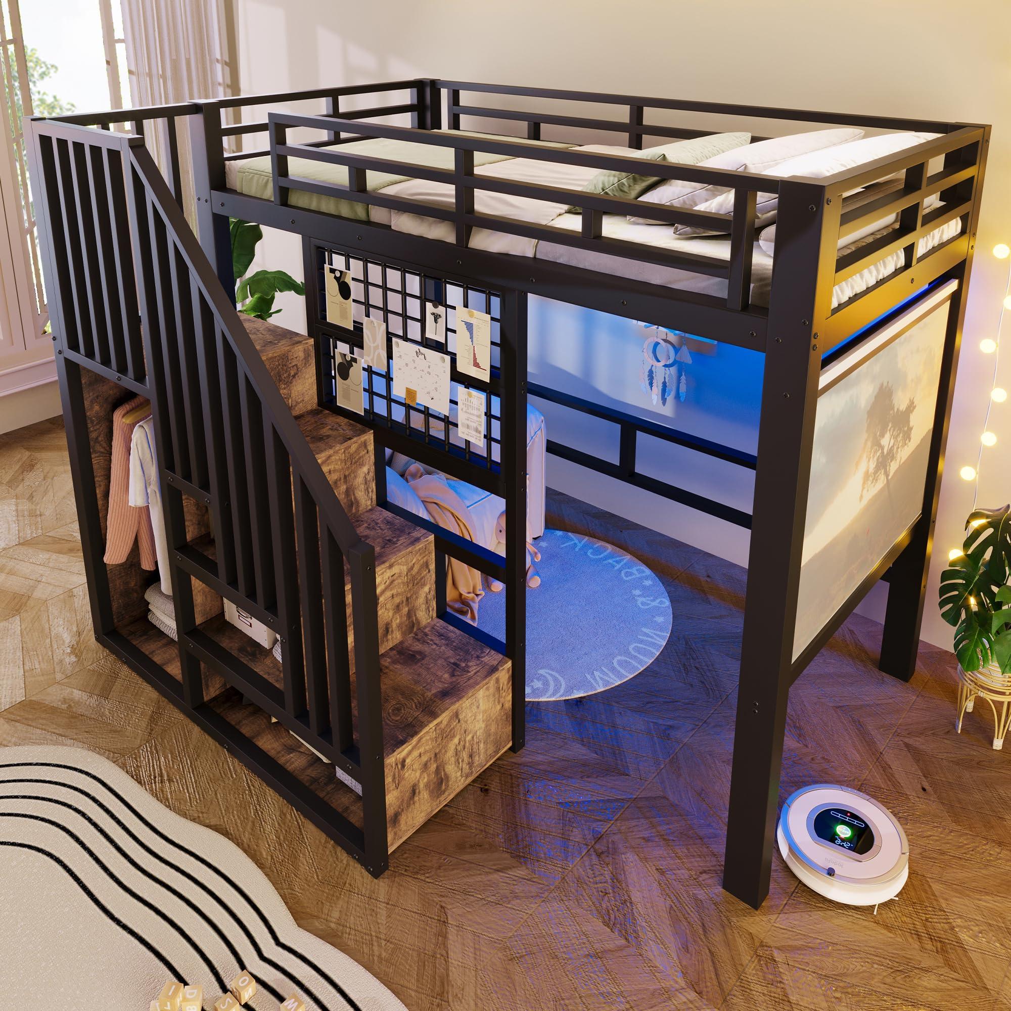Cama alta de 90 x 200 cm con escalera de almacenamiento, cama de hierro con barandilla, cama alta para niños con luz LED, con proyector, sin colchón, color negro