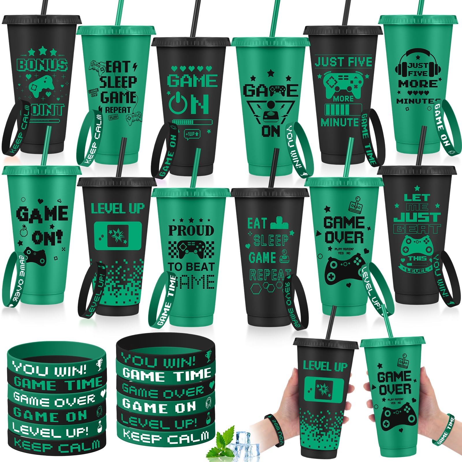 Jingmore 12 Set/24 Pcs Video Party Favors Set Include 24oz Video Plastic Cups with Lids & Straws and Silicone Bracelets Wristbands Birthday Party
