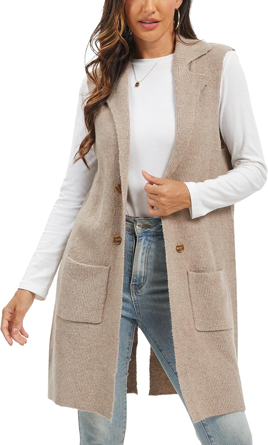 Moss Rose Sleeveless Cardigans for Women Open Front Sweaters Vest Lapel Collar Button Down Long Outerwear Coats - Image 2