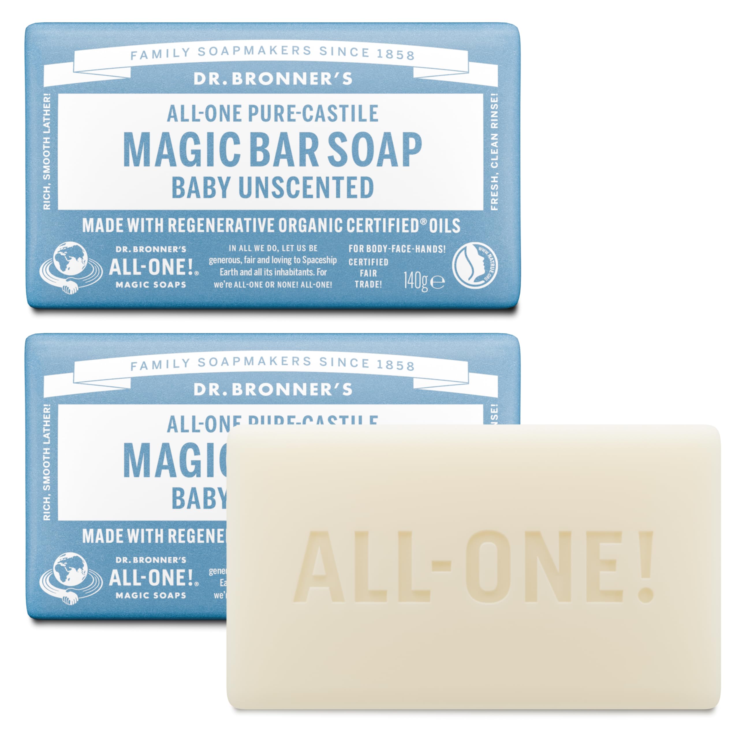 Dr Bronner's - 3-in-1 Baby Unscented Pure-Castile Bar Soap, 140g Bar