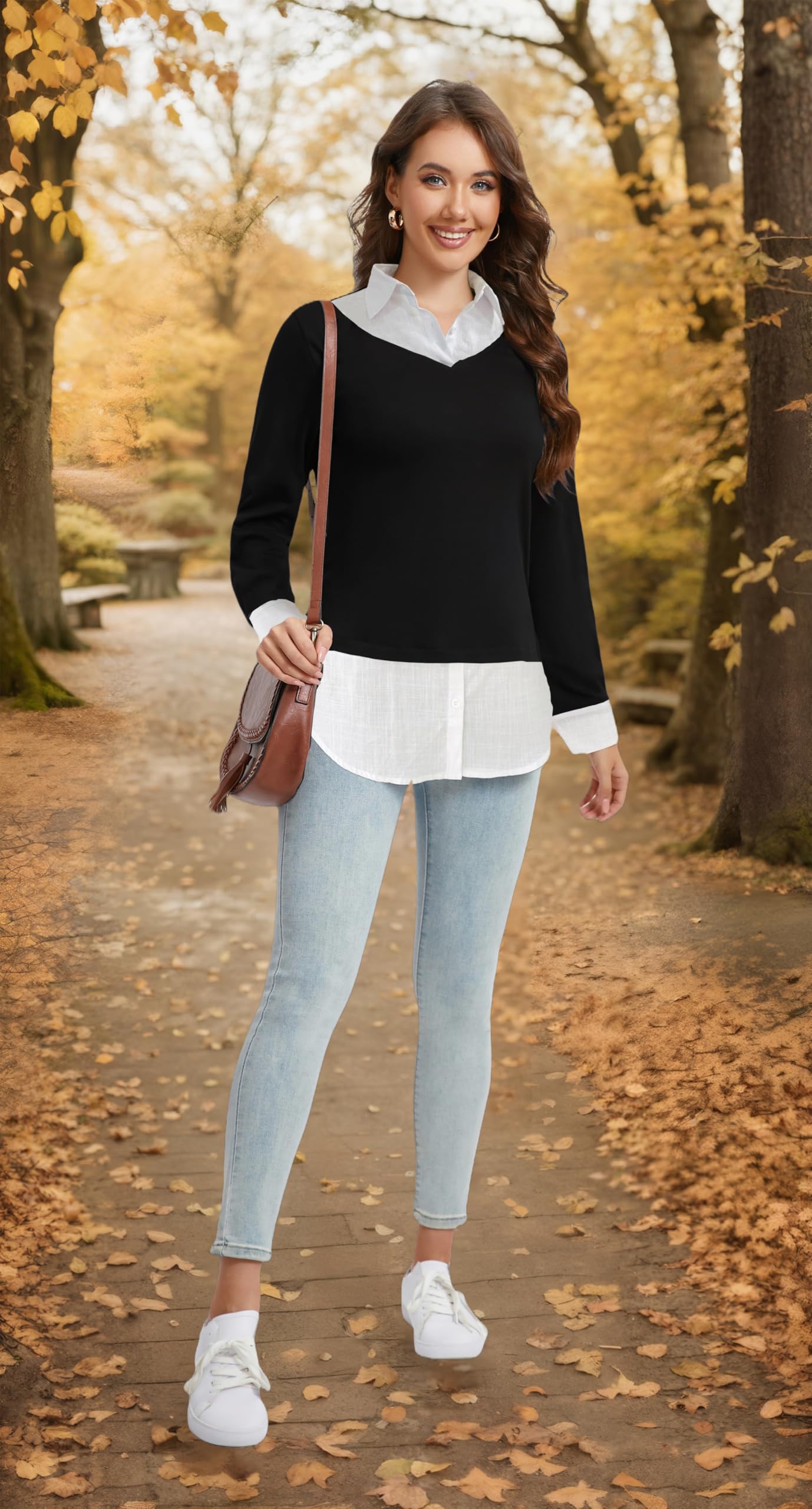 Oyamiki Maglia a maniche lunghe da donna in cotone con colletto camicia, blocco di colore, scollo a V, casual, elegante, per autunno e inverno