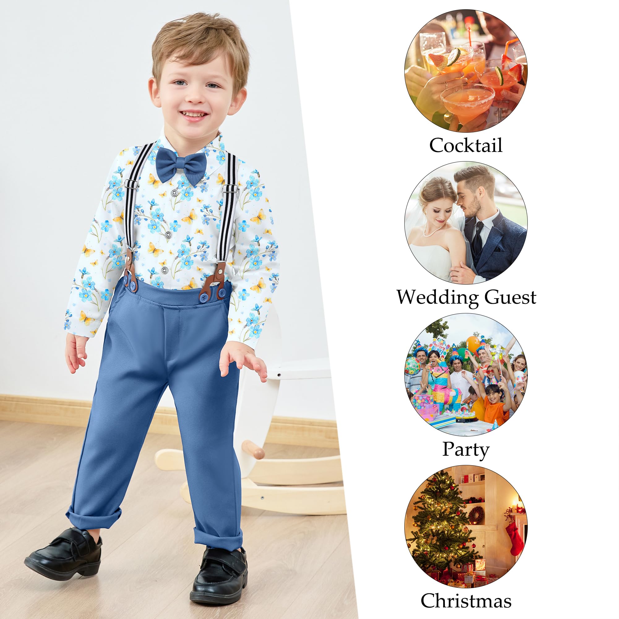 WESIDOM Conjunto de ropa formal para niños pequeños, camisa de vestir + pajarita + chaleco + ojal + pantalones de tirantes para niños