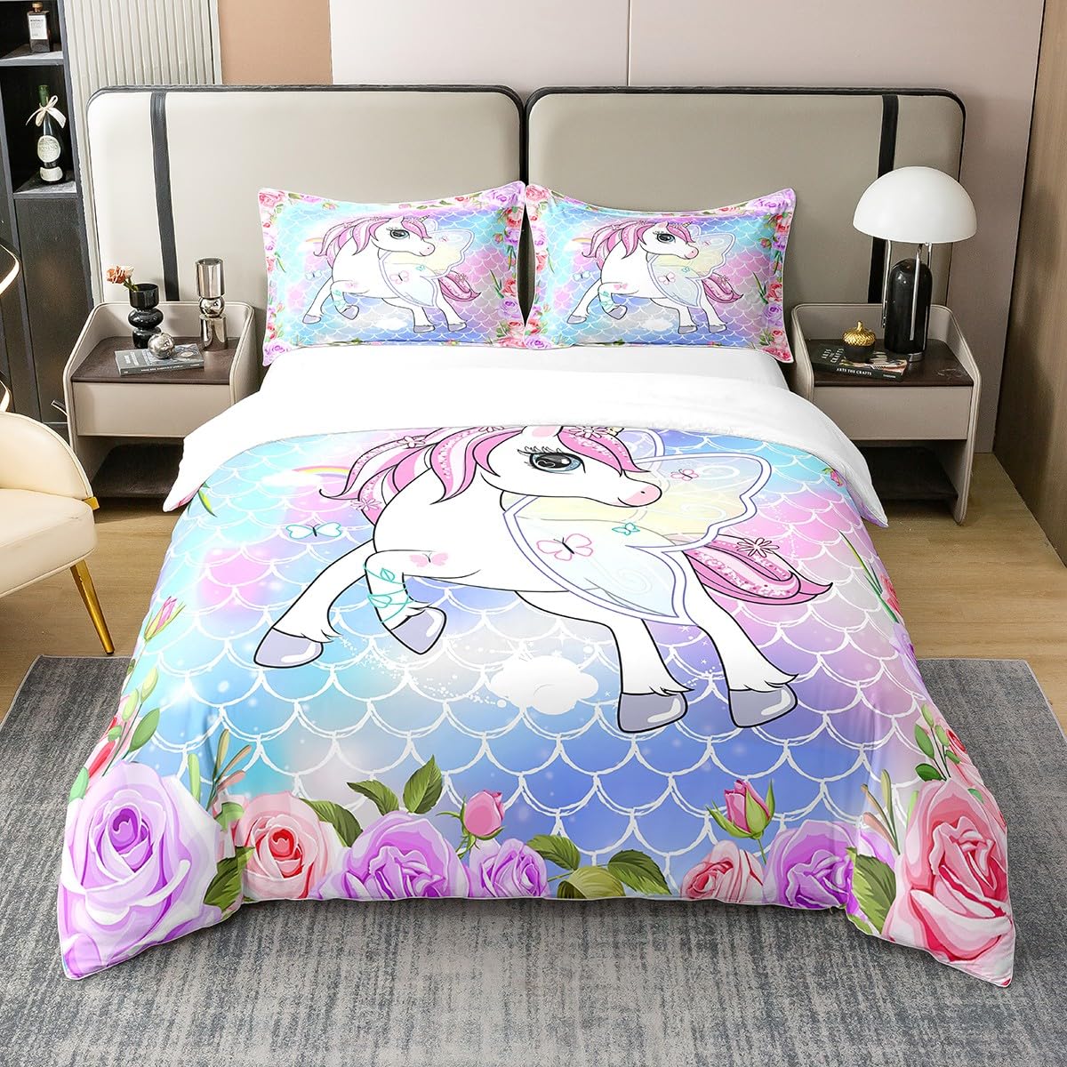 AOXHFNV Set di biancheria da letto con unicorno rosa, bellissimo arcobaleno con nuvola bianca, biancheria da letto per ragazze e bambini 135×200cm, set di biancheria da letto con motivo unicorno con 2
