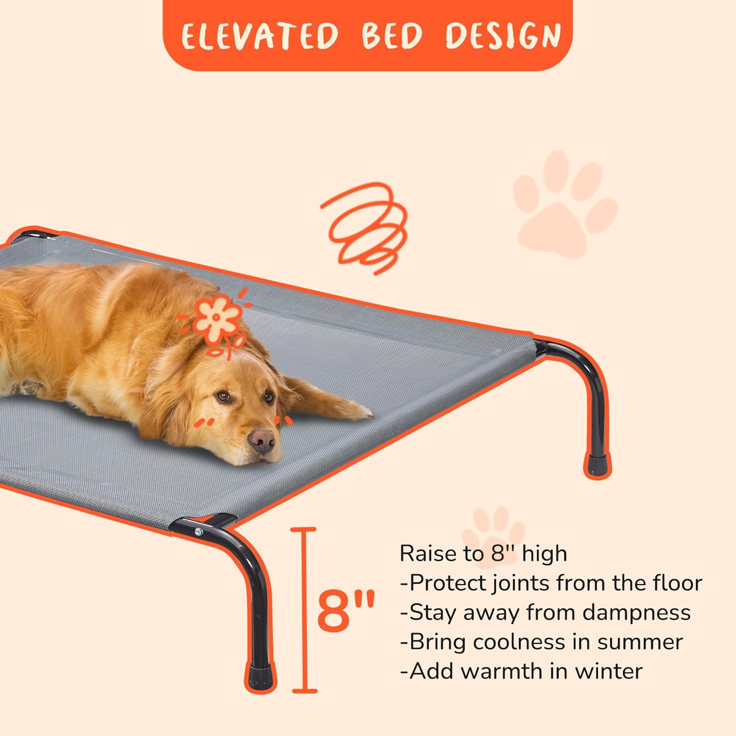 review PRAISUN Outdoor Dog Bed, XL Dog Cot, Elevated Dog Bed, Pet Bed with Textilene Mesh, Carrying Bag, Cooling, for Indoors, Outdoors, Beach, Dark Gray