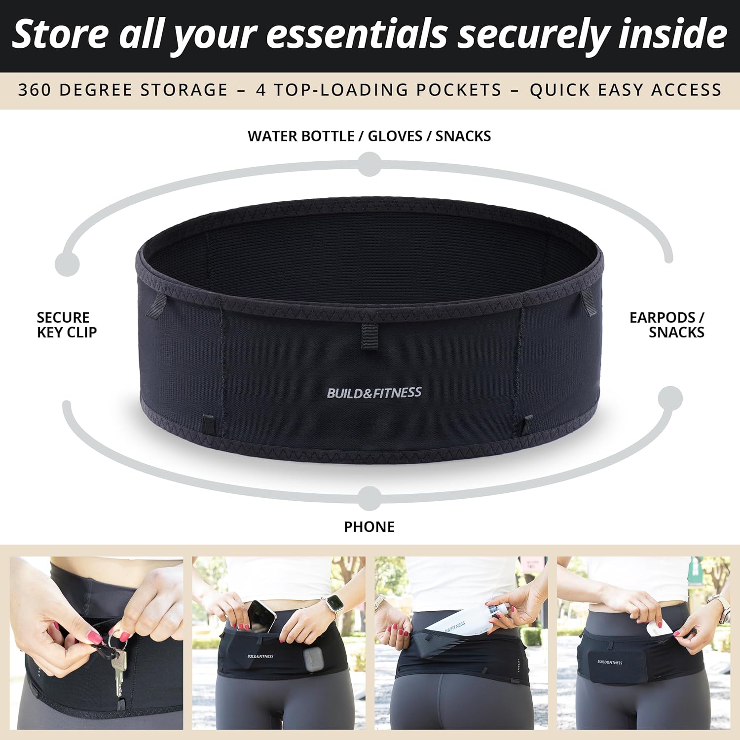 Build & Fitness LiteBelt Running Belt – 4 Quick Top-Access Pockets –Flip Waist Pack, Running Phone Holder – Fits All Size Phones, Keys, Cards, Earpods, GUs – for Men and Women (Black, L) - Image 4