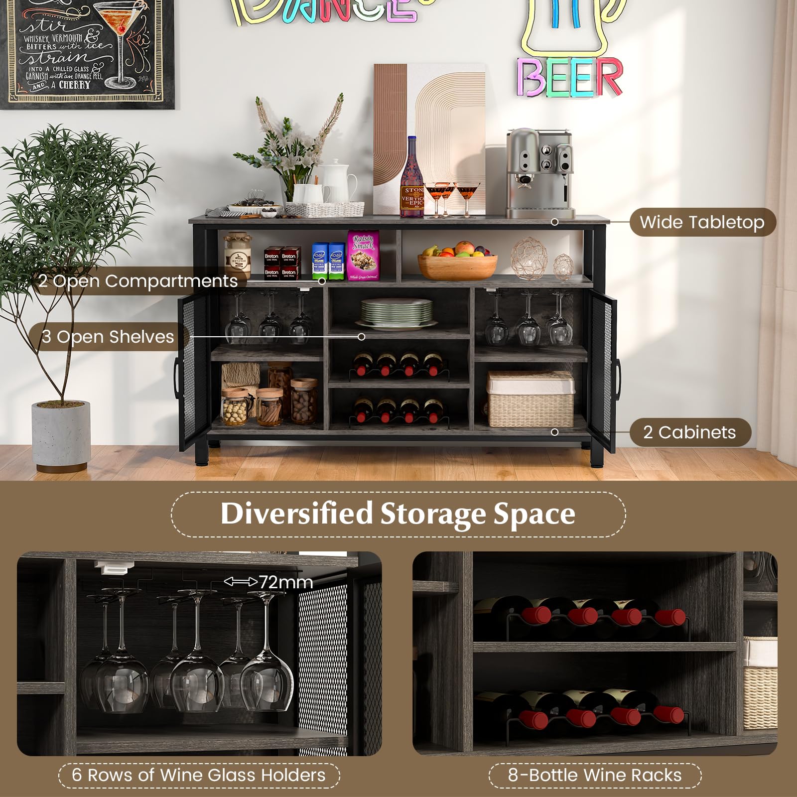 GIANTEX Credenza da Buffet, Mobilellto da Cucina con Portabottiglie e Portabicchieri, Porta TV per TV fino a 60" con 2 Armadietti con Anta, 3 Ripiani e 2 Scomparti Aperti, Nero/Grigio(Grigio)